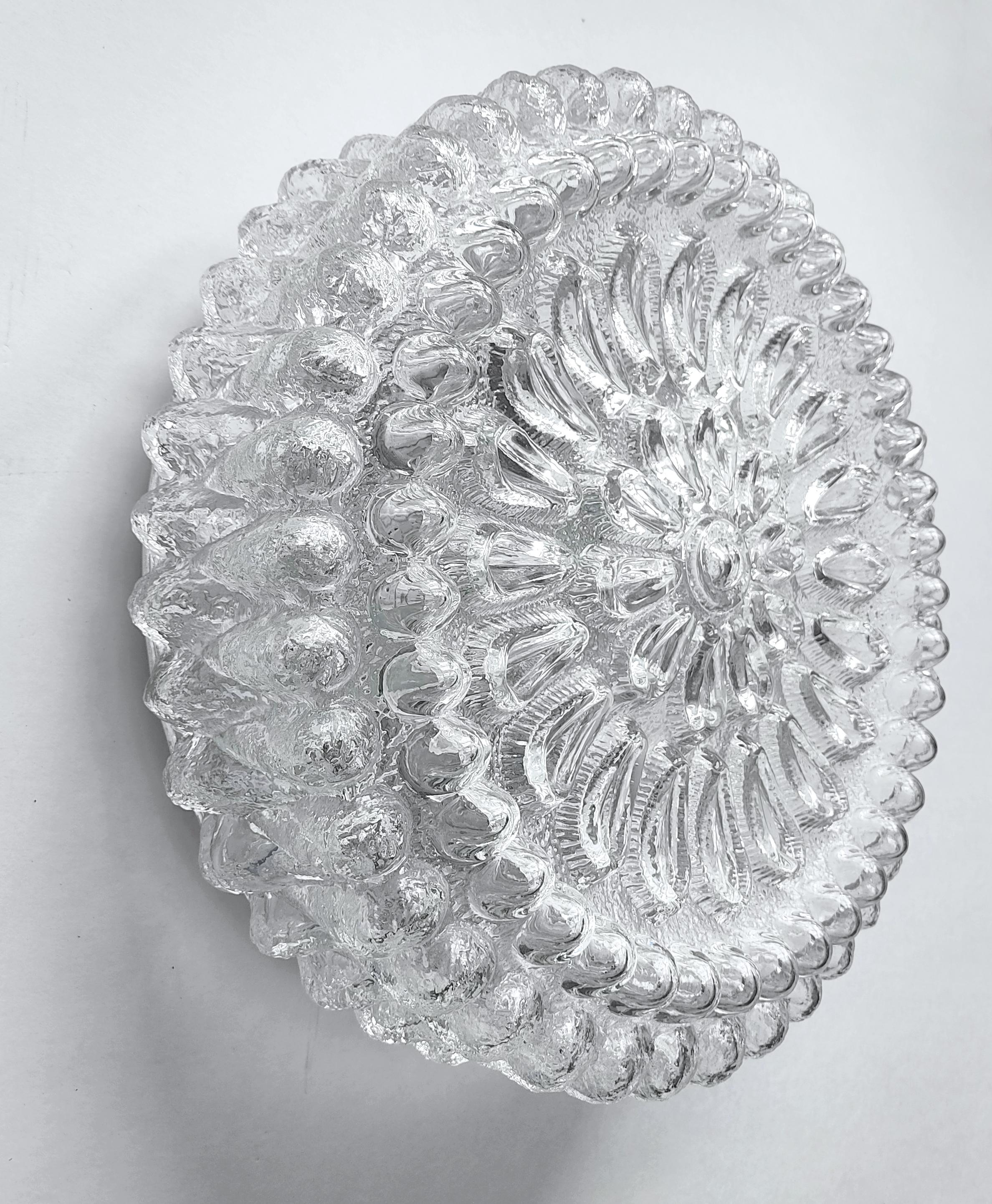 ONE of 2 Lovely large clear white crystal blown glass flushmount,
Germany, 1960s.
Lamp sockets: 2 E27 (US E26)