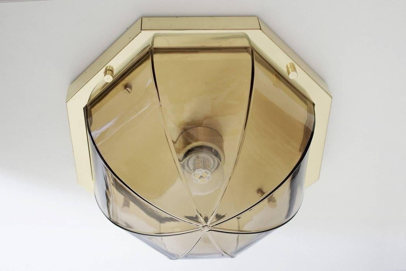 Large German Vintage Glass and Brass Flush Mounts Ceiling or Wall Lights 1960s For Sale 1