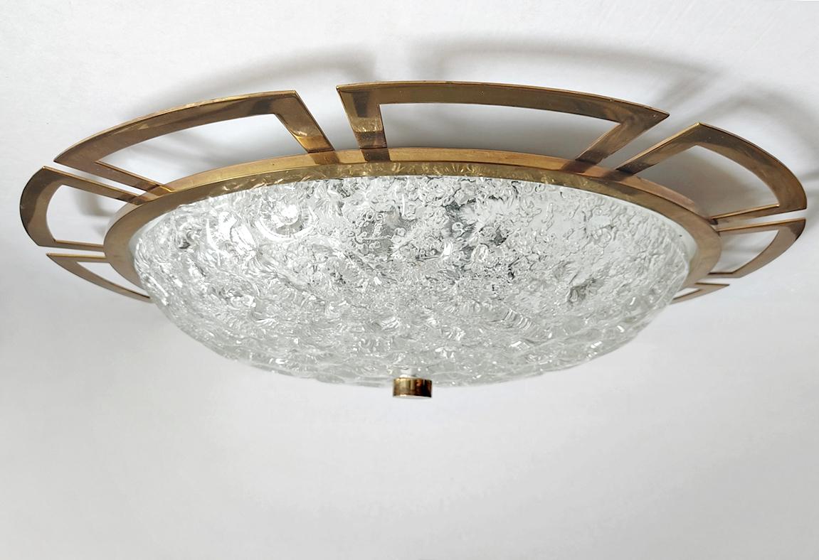 Large German Vintage Murano Glass and Brass Ceiling Light Flush Mount In Good Condition For Sale In Berlin, DE