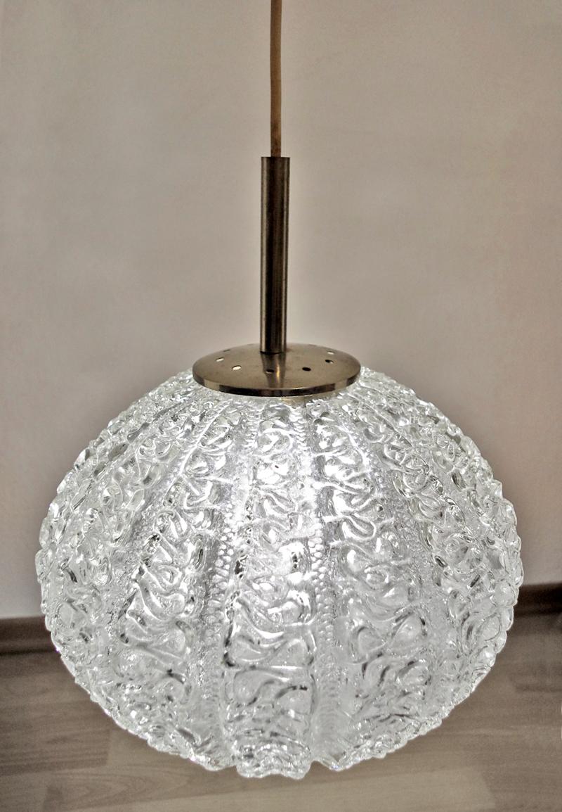 Mid-Century Modern Large German Vintage Textured Glass, Brass Ceiling Hanging Pendant Light, 1960s For Sale
