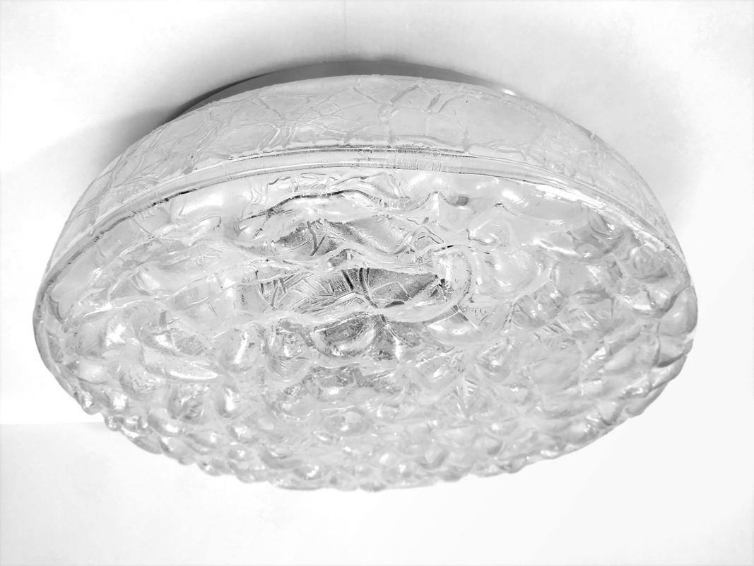 One of... beautiful sculptural white blown textured bubble glass flushmount.
Germany, 1960s.
Lamp sockets: 3 x E27 (US E26).

  