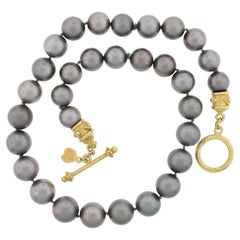 Large GIA 12.07-14.92mm Tahitian Gray Pearl Strand Necklace 18k Gold ToggleClasp