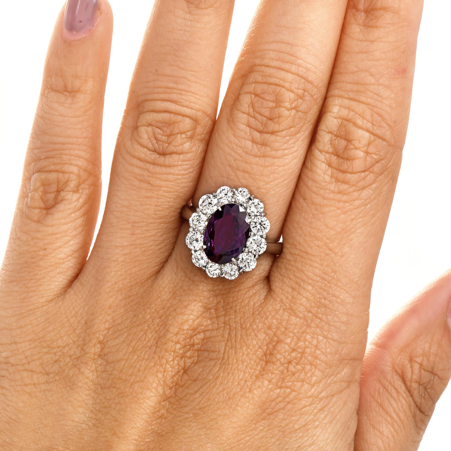 Retro Large GIA Alexandrite Diamond Platinum Halo Flower Cocktail Ring