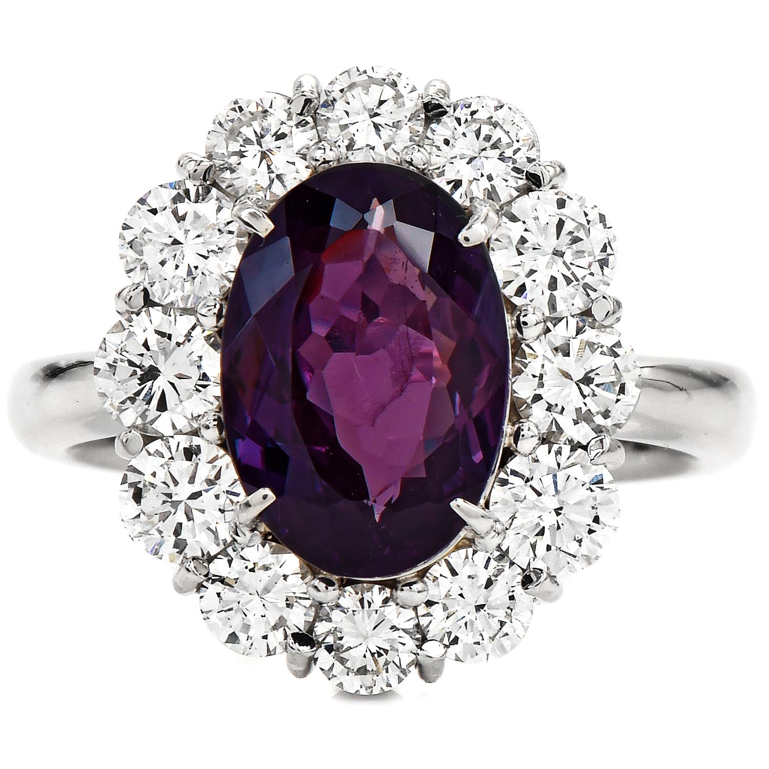 Large GIA Alexandrite Diamond Platinum Halo Flower Cocktail Ring In Excellent Condition In Miami, FL