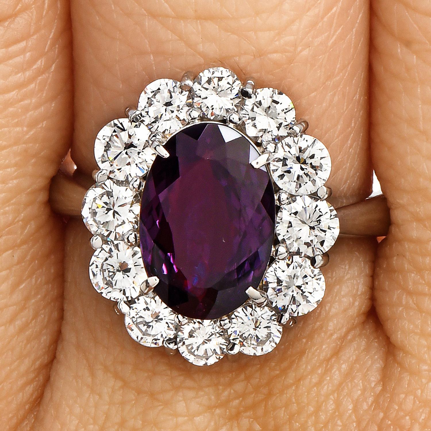 Large GIA Alexandrite Diamond Platinum Halo Flower Cocktail Ring 2