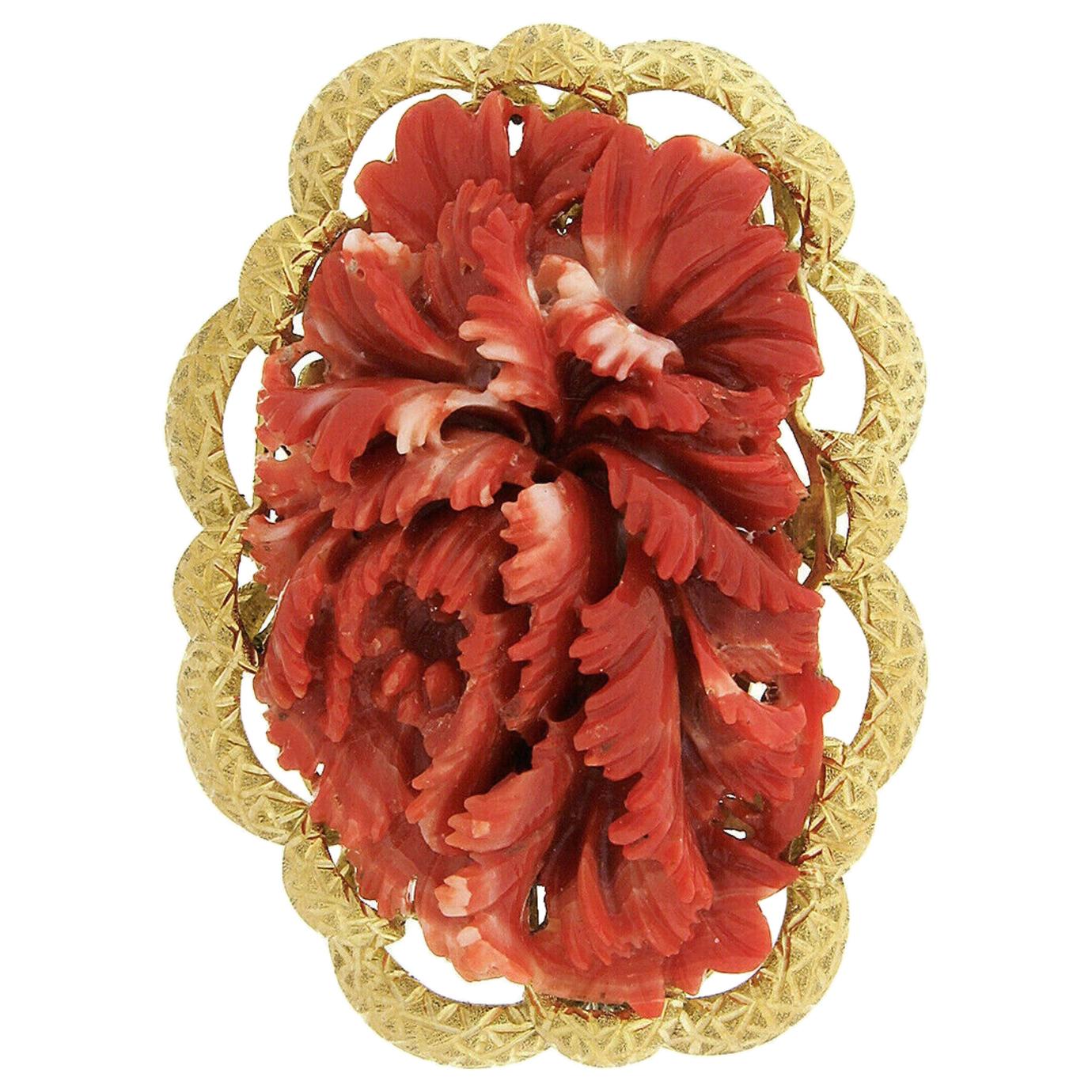 Large GIA No Dye Carved Red Coral Brooch with Hand Engraved 18 Karat Gold Frame