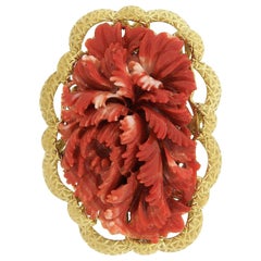 Vintage Large GIA No Dye Carved Red Coral Brooch with Hand Engraved 18 Karat Gold Frame