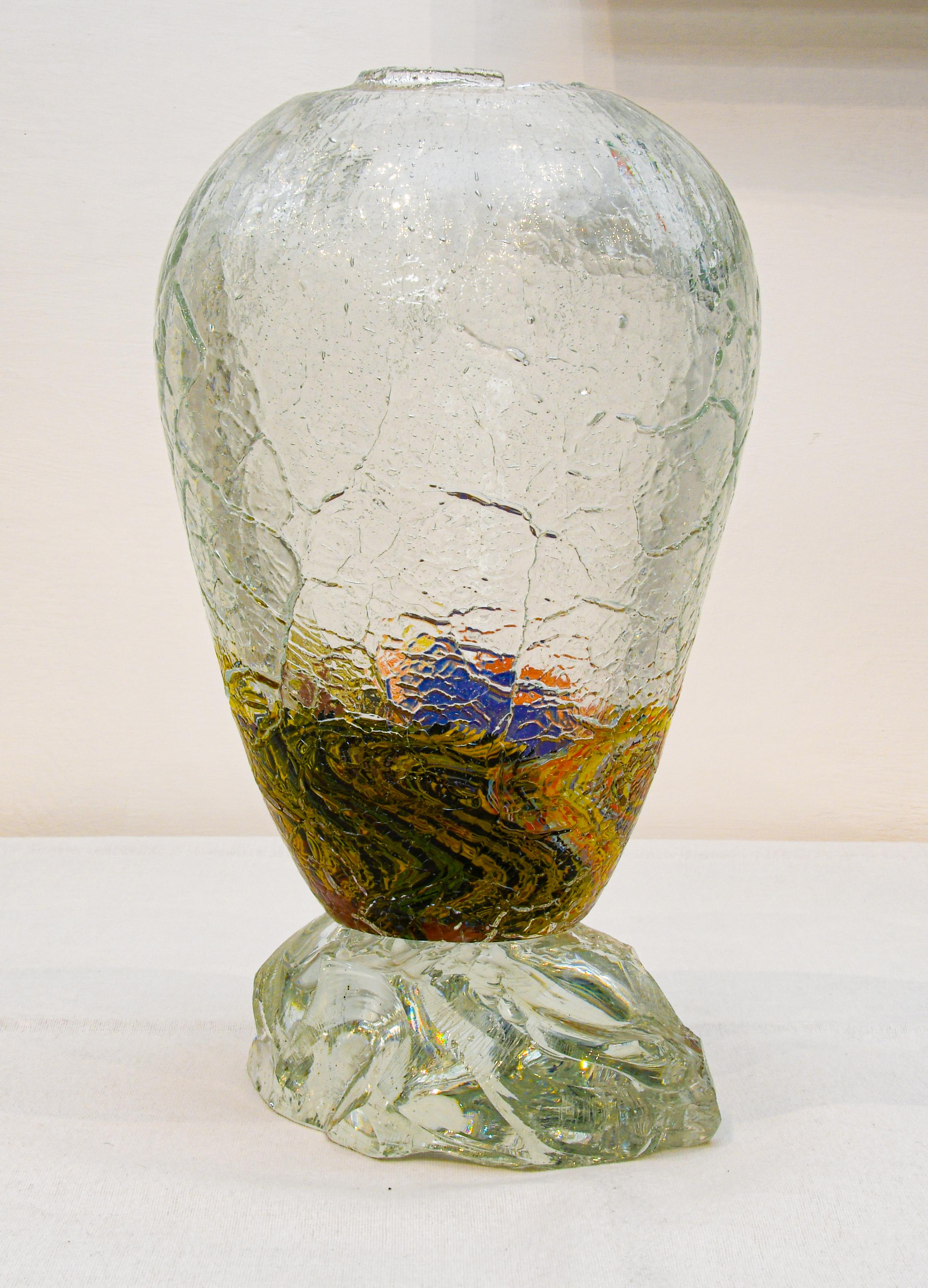 Late 20th Century Large Murano  Crackle Glass Vase With Fused Faceted Glass Block Base For Sale