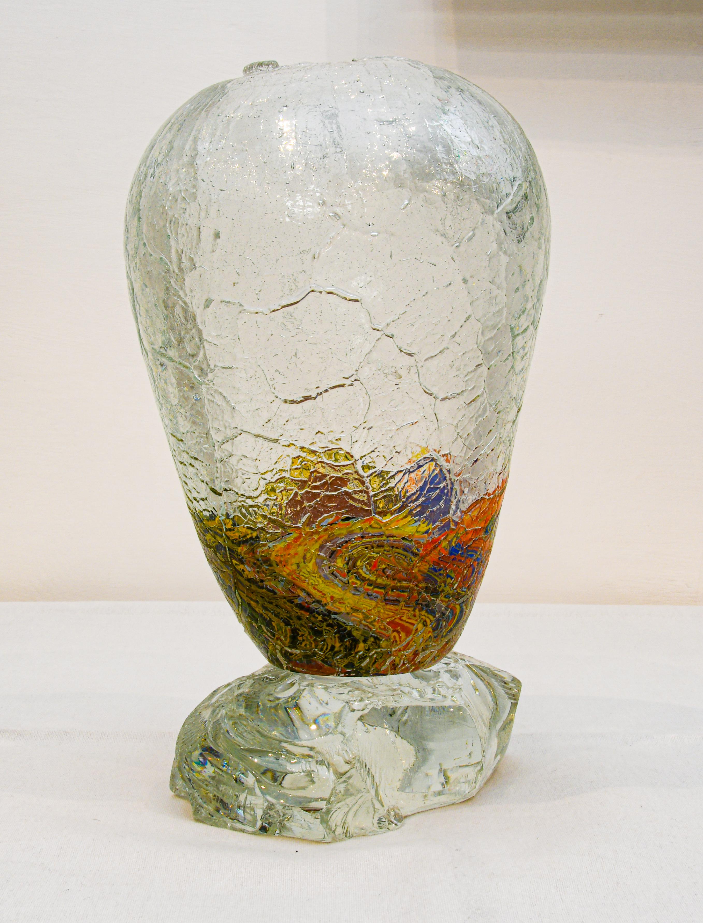 Murano Glass Large Murano  Crackle Glass Vase With Fused Faceted Glass Block Base For Sale