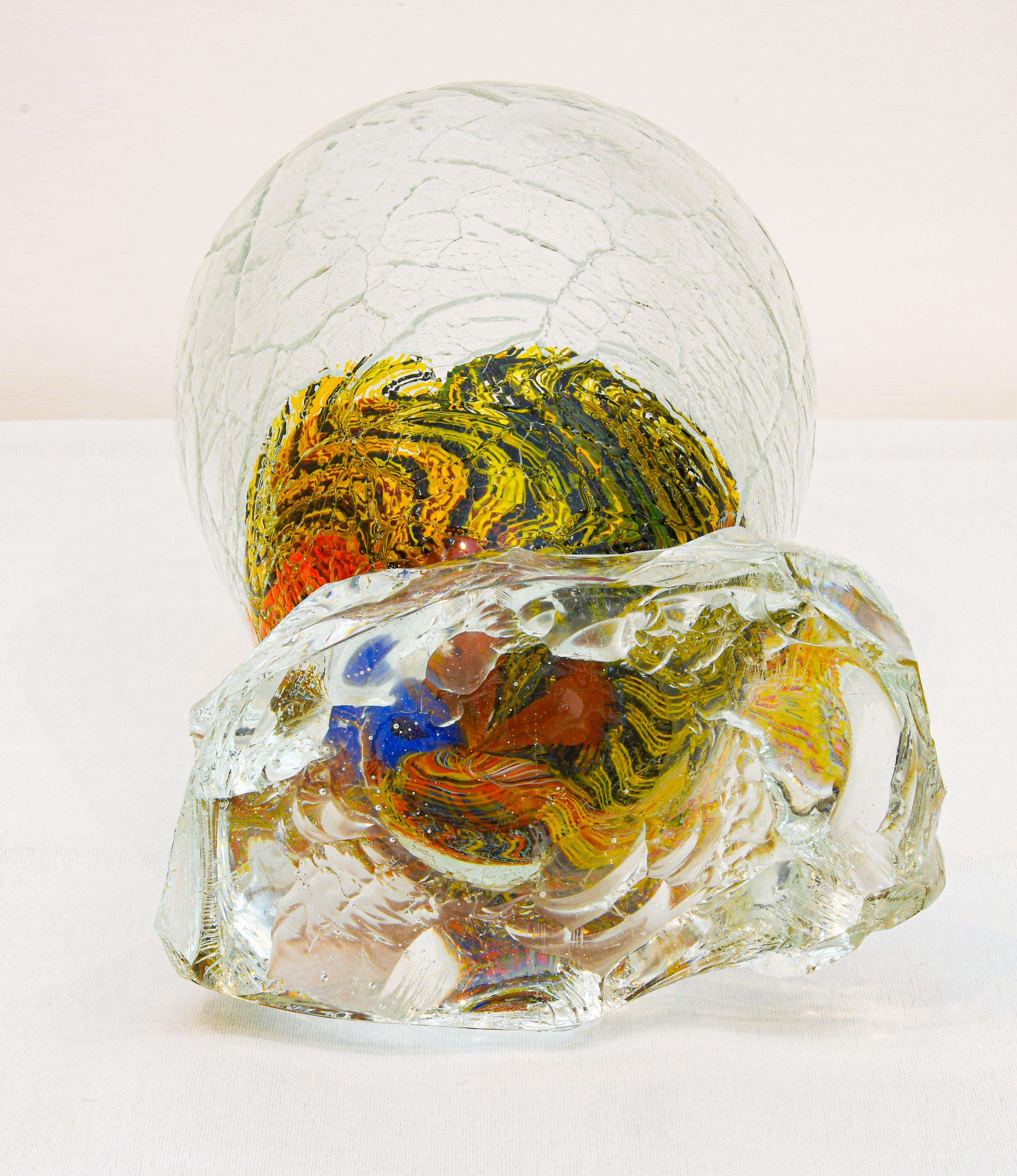 Large Murano  Crackle Glass Vase With Fused Faceted Glass Block Base For Sale 4