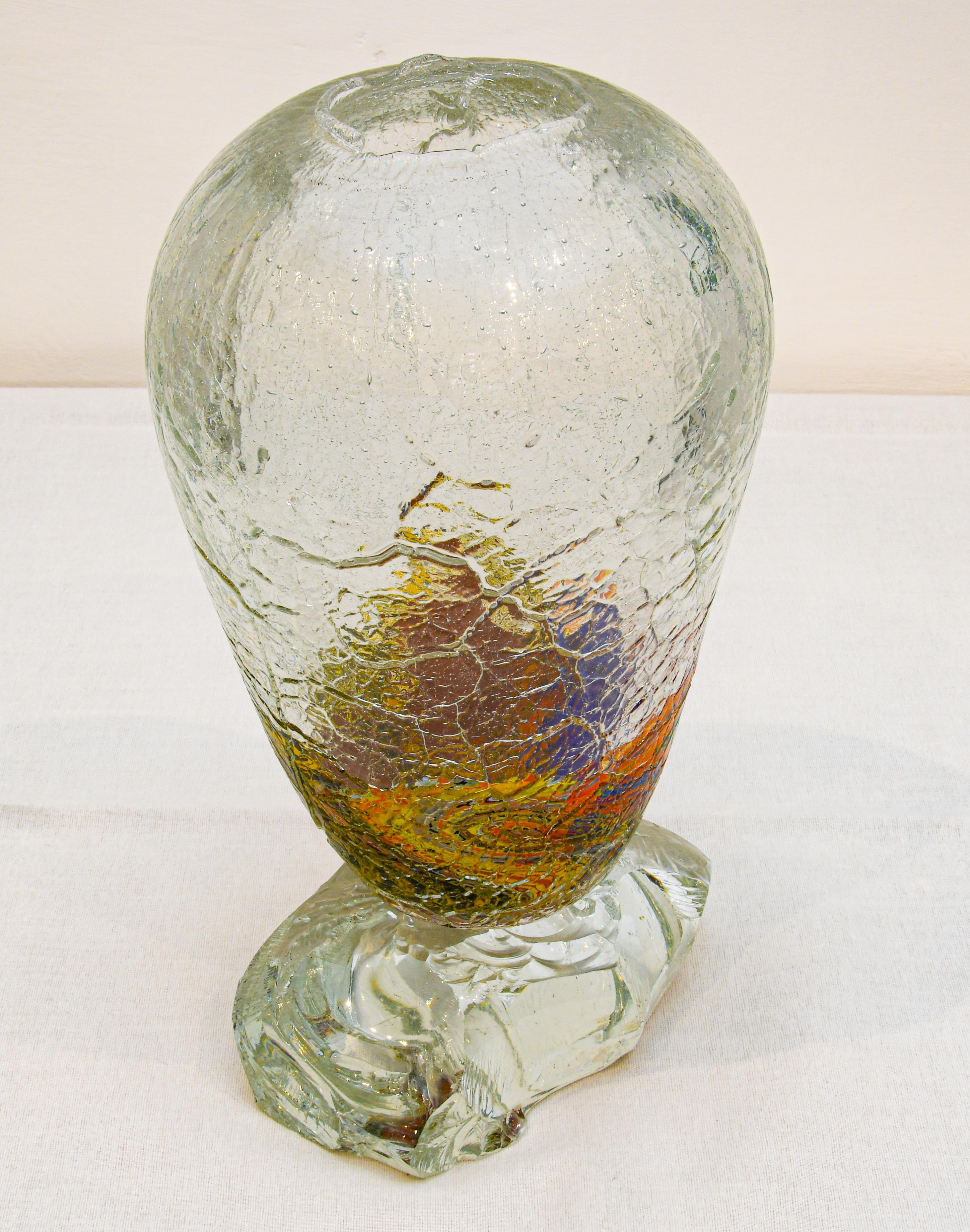 Large Murano  Crackle Glass Vase With Fused Faceted Glass Block Base For Sale 1
