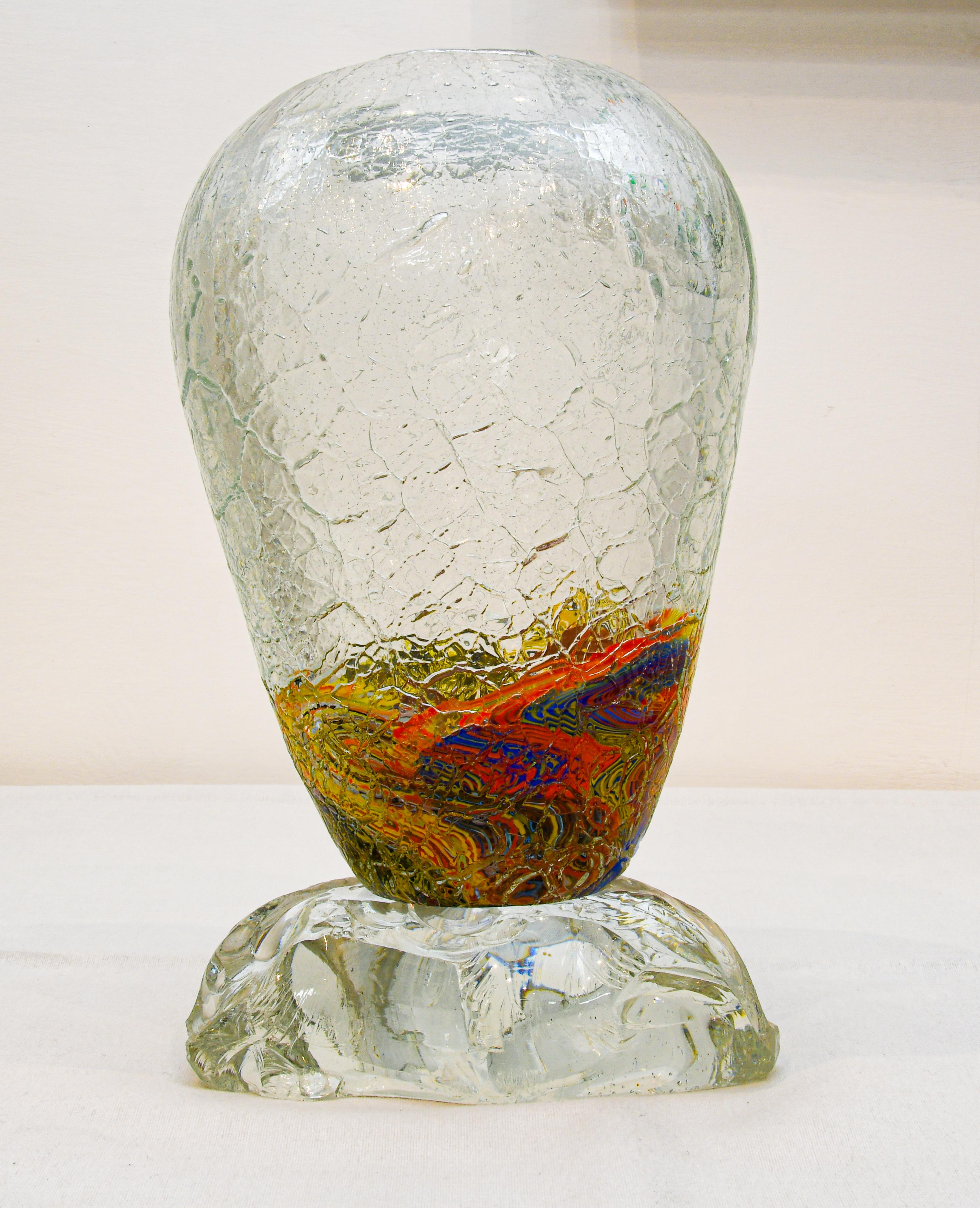 Mid-Century Modern Large Murano  Crackle Glass Vase With Fused Faceted Glass Block Base For Sale