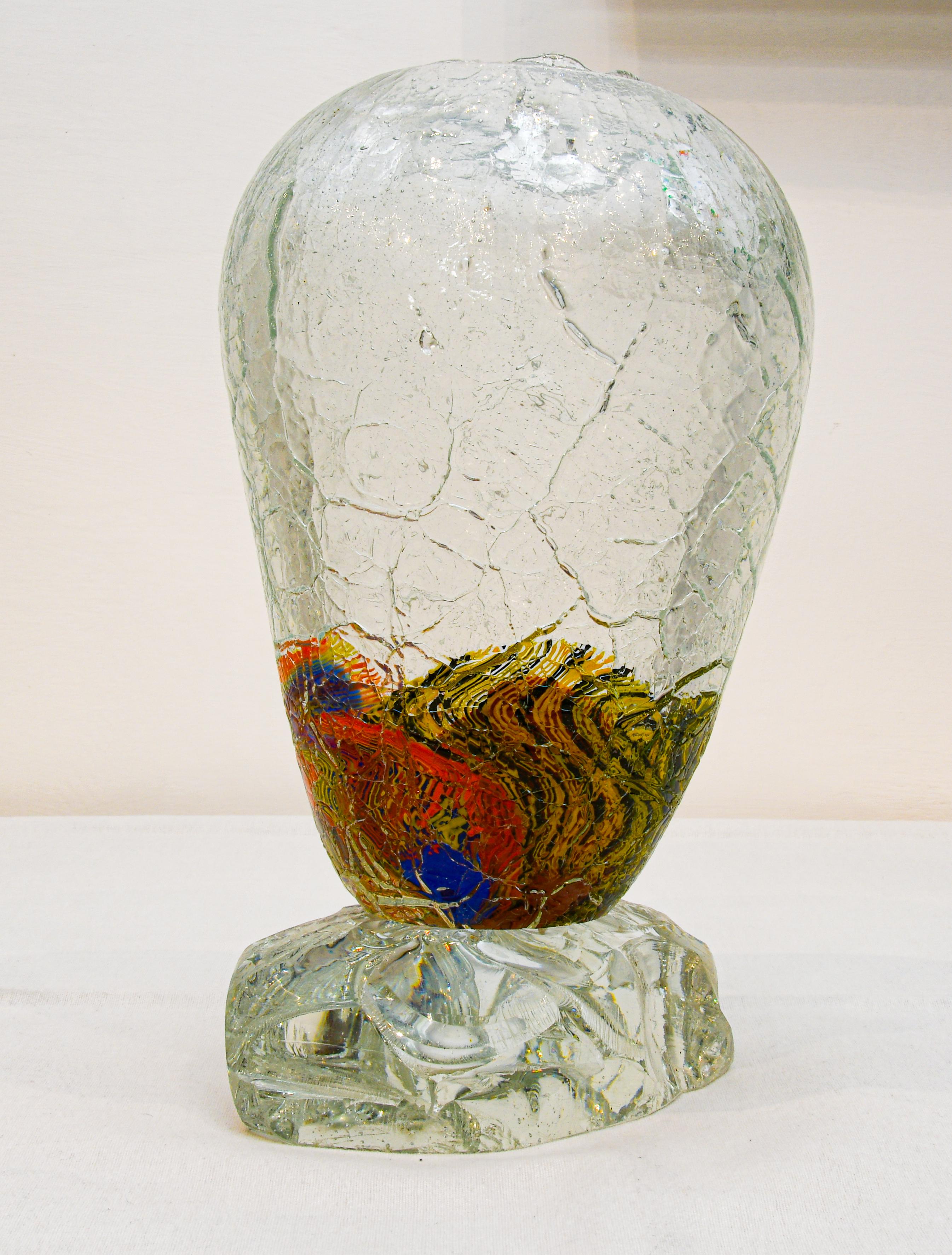 Italian Large Murano  Crackle Glass Vase With Fused Faceted Glass Block Base For Sale