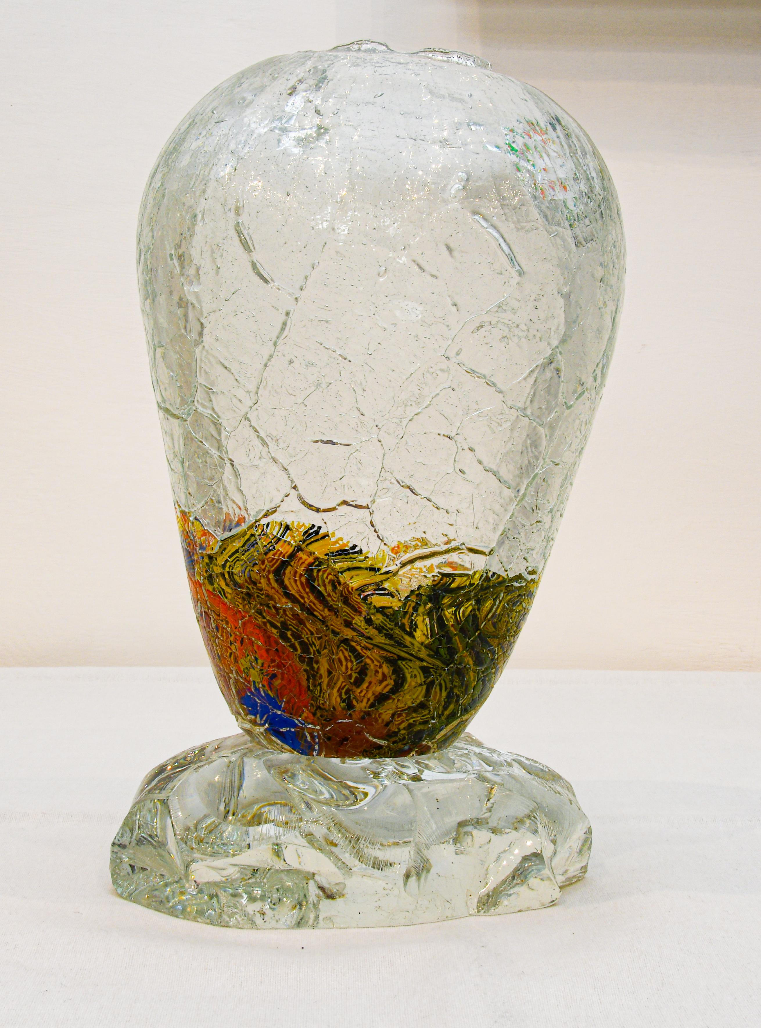 Hand-Crafted Large Murano  Crackle Glass Vase With Fused Faceted Glass Block Base For Sale