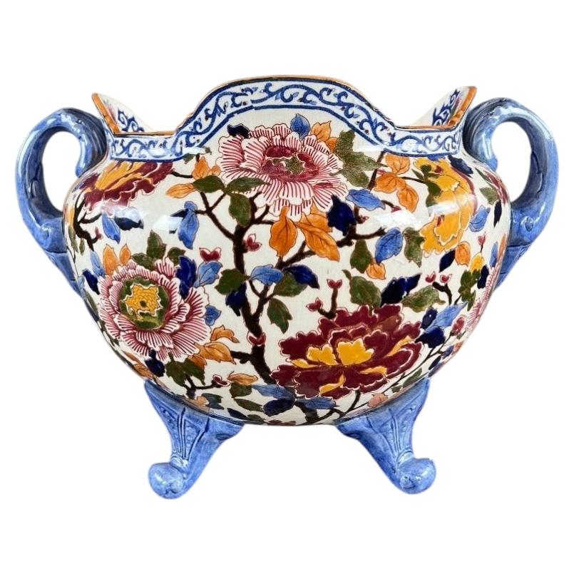 Large Gien Earthenware Cachepot Decorated With Peonies , 20th Century For Sale