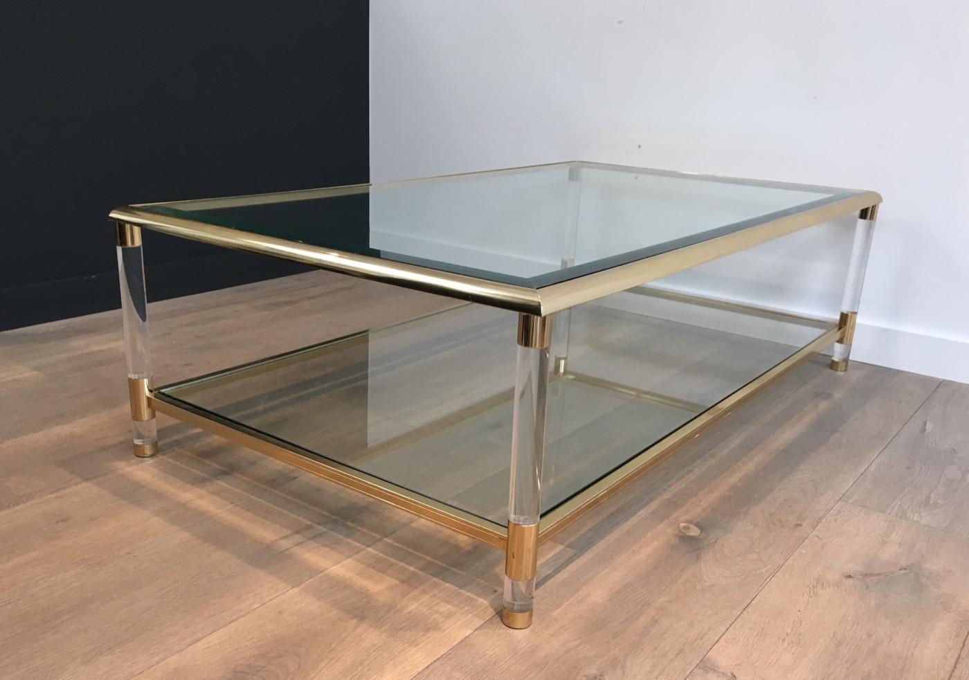 Large Gild on Nickel and Lucite Coffee Table, French, circa 1970 In Good Condition In Marcq-en-Barœul, Hauts-de-France