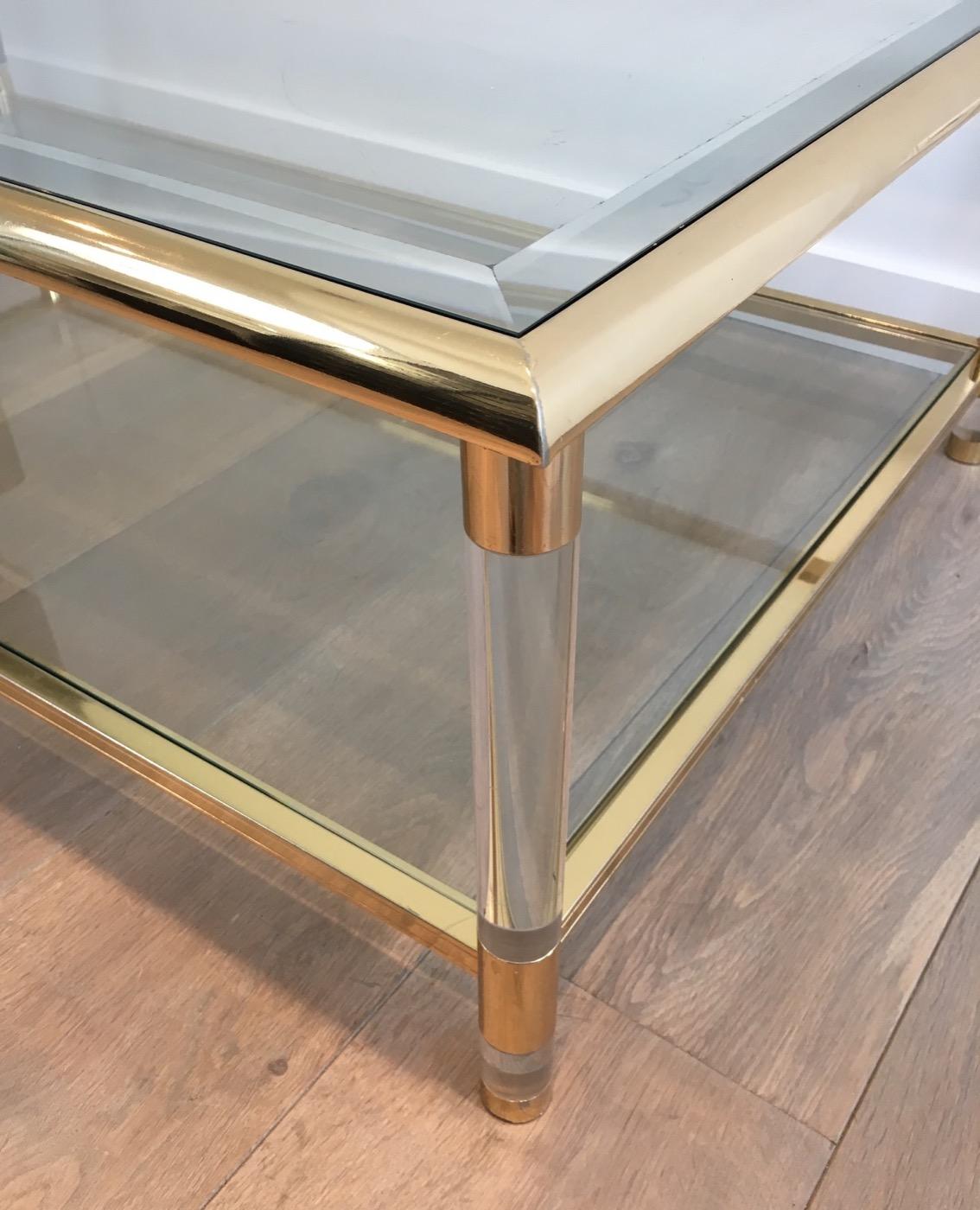 Glass Large Gild on Nickel and Lucite Coffee Table, French, circa 1970