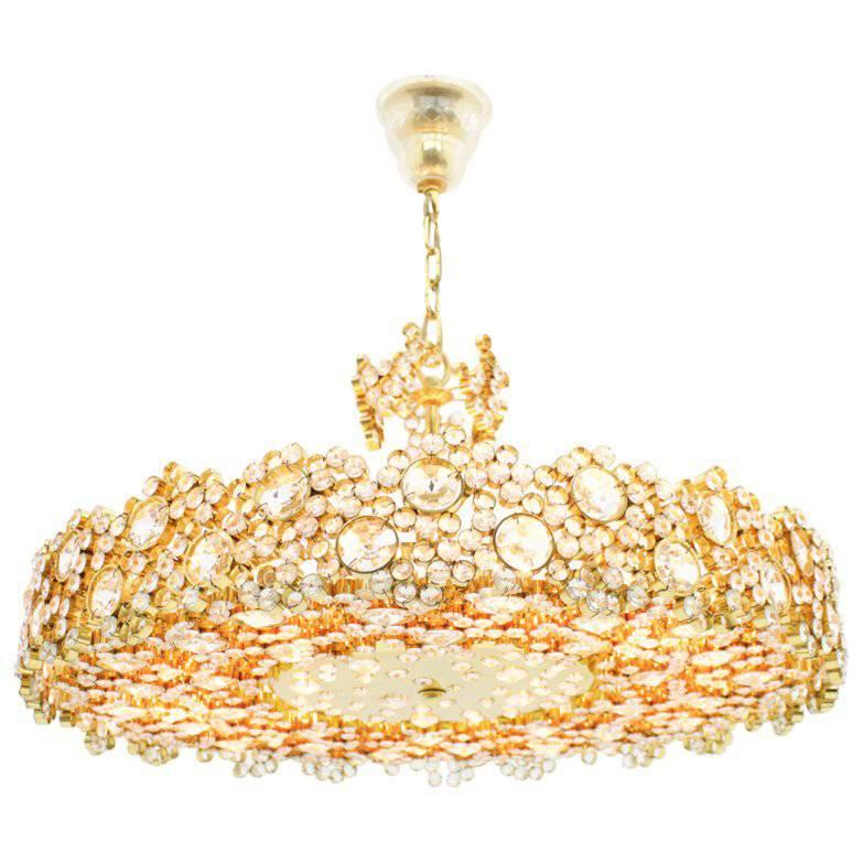 Large Gilded Brass and Crystal Glass Chandelier by Palwa, Germany, 1960s im Angebot