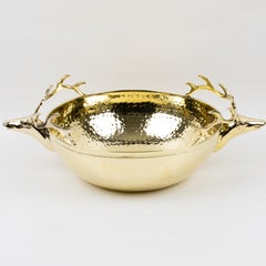 Large Gilded Brass Centerpiece Bowl with Stag Heads Handles, circa 1980