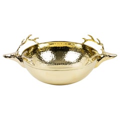 Large Gilded Brass Centerpiece Bowl with Stag Heads Handles, circa 1980
