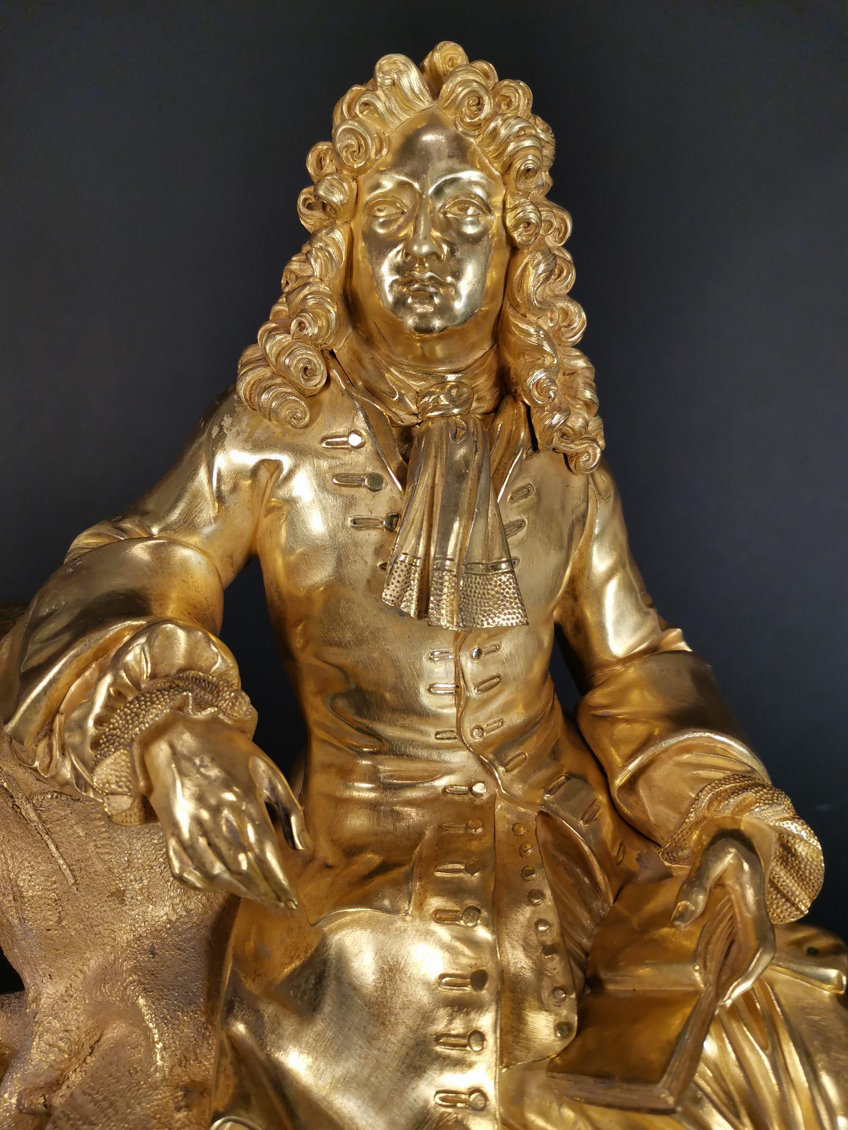 Large Gilded Bronze Clock with Louis XIV Figure, 18th Century In Excellent Condition For Sale In Madrid, ES