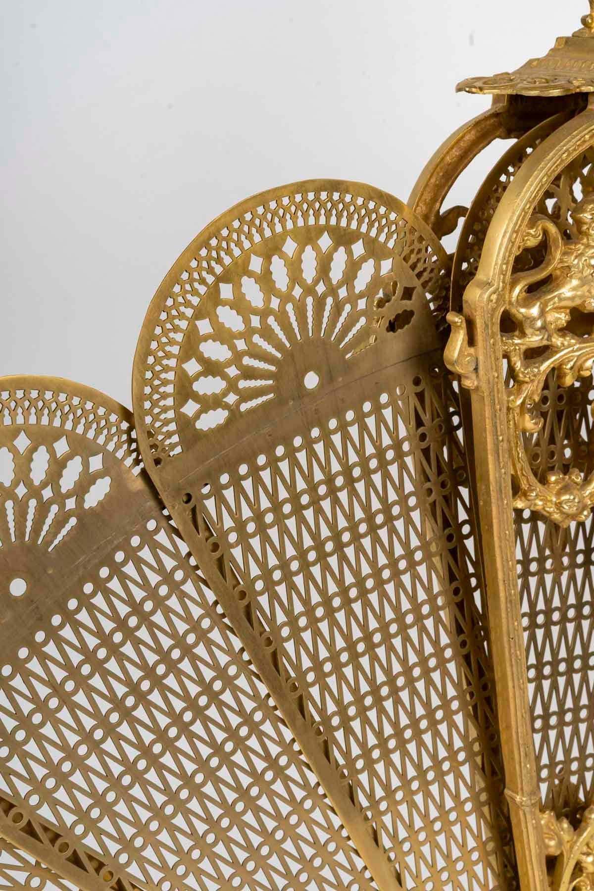 French Large Gilded Bronze Fan-Shaped Fire Screen in the Louis XVI Style.