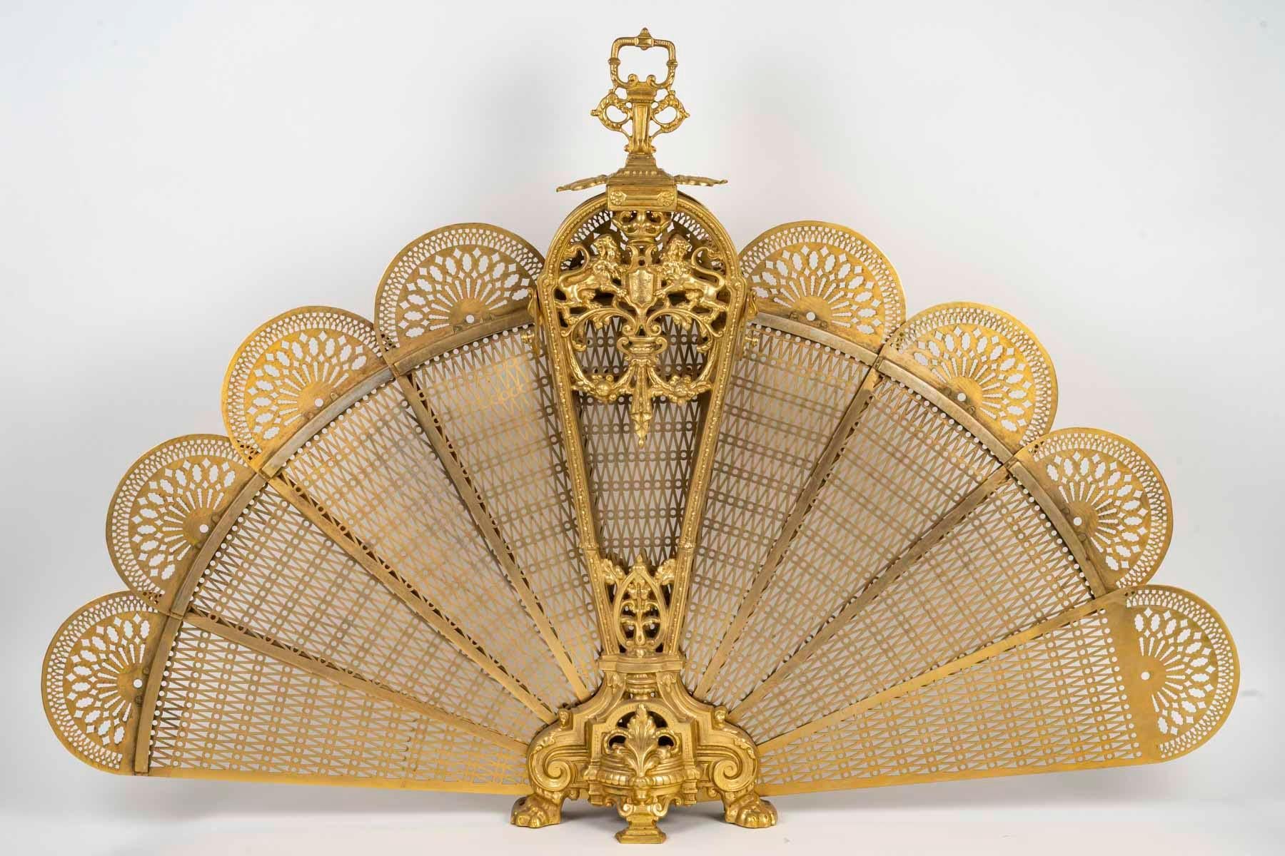 Gilt Large Gilded Bronze Fan-Shaped Fire Screen in the Louis XVI Style.