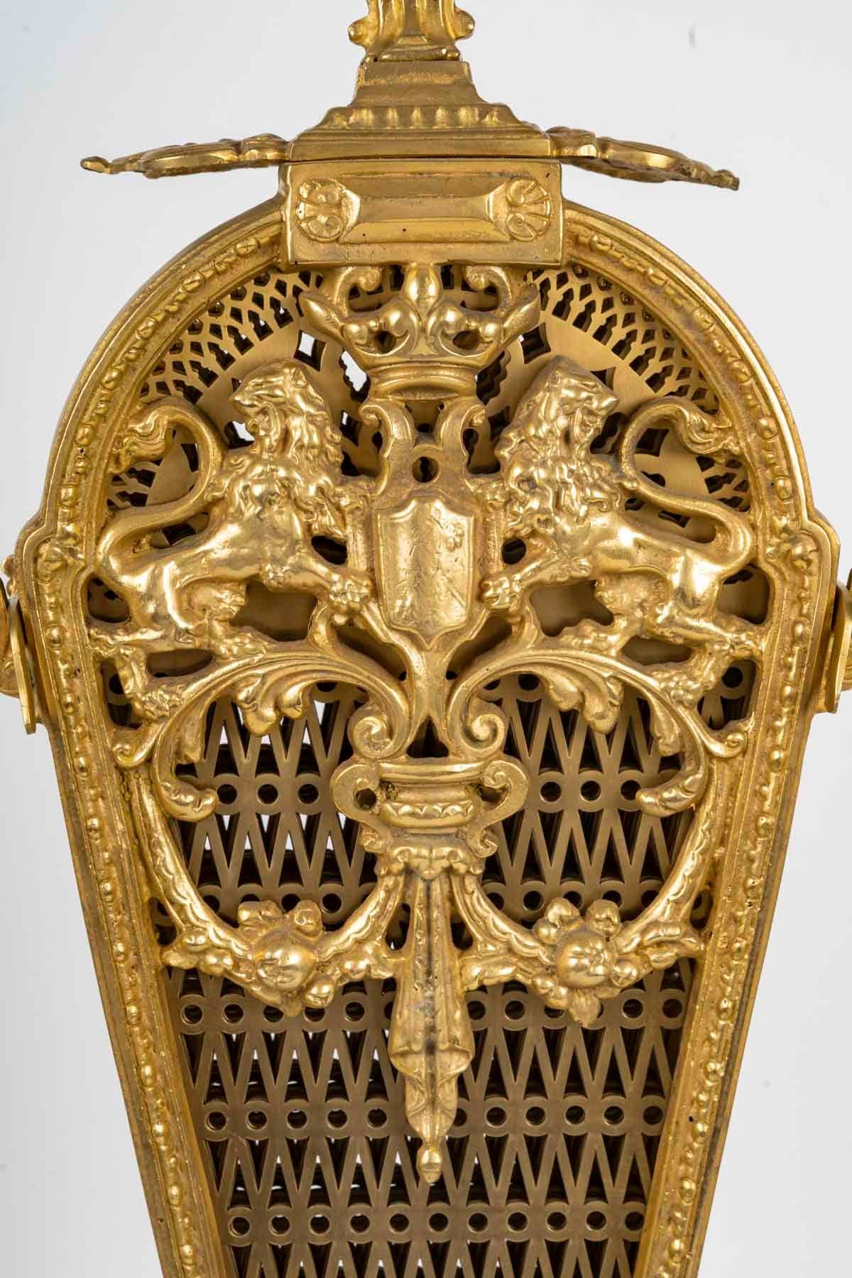 Large Gilded Bronze Fan-Shaped Fire Screen in the Louis XVI Style. 1
