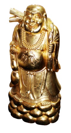 Large Gilded Carved Wood Laughing Buddha Sculpture on Lotus Base