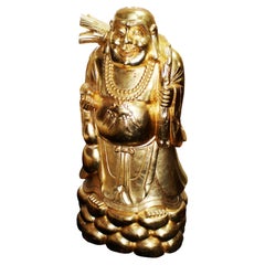 Large Gilded Carved Wood Laughing Buddha Sculpture on Lotus Base