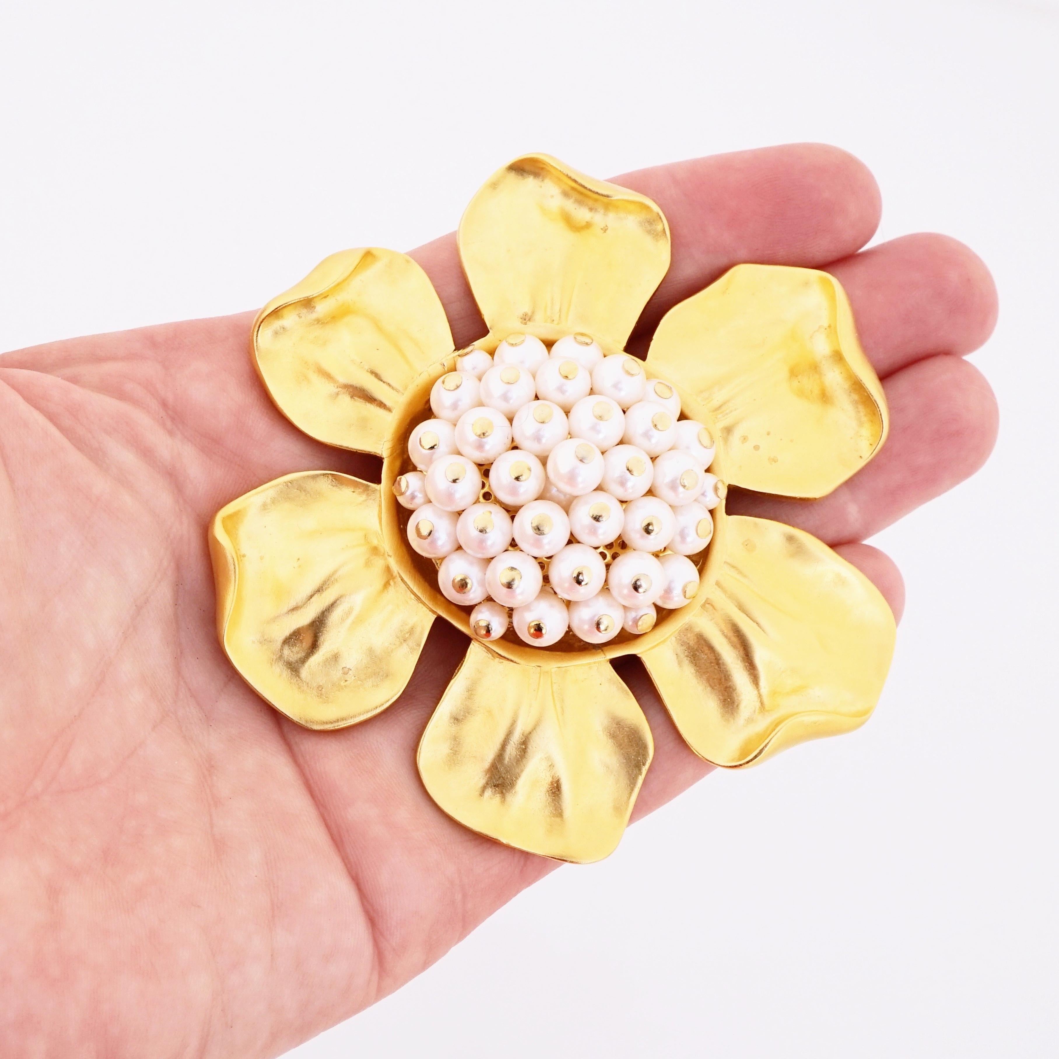 Large Gilded Flower Brooch With Pearl Cluster 