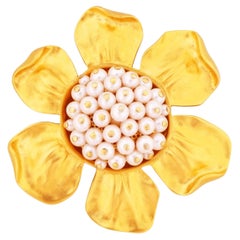 Large Gilded Flower Brooch With Pearl Cluster "Seeds" By Givenchy, 1980s