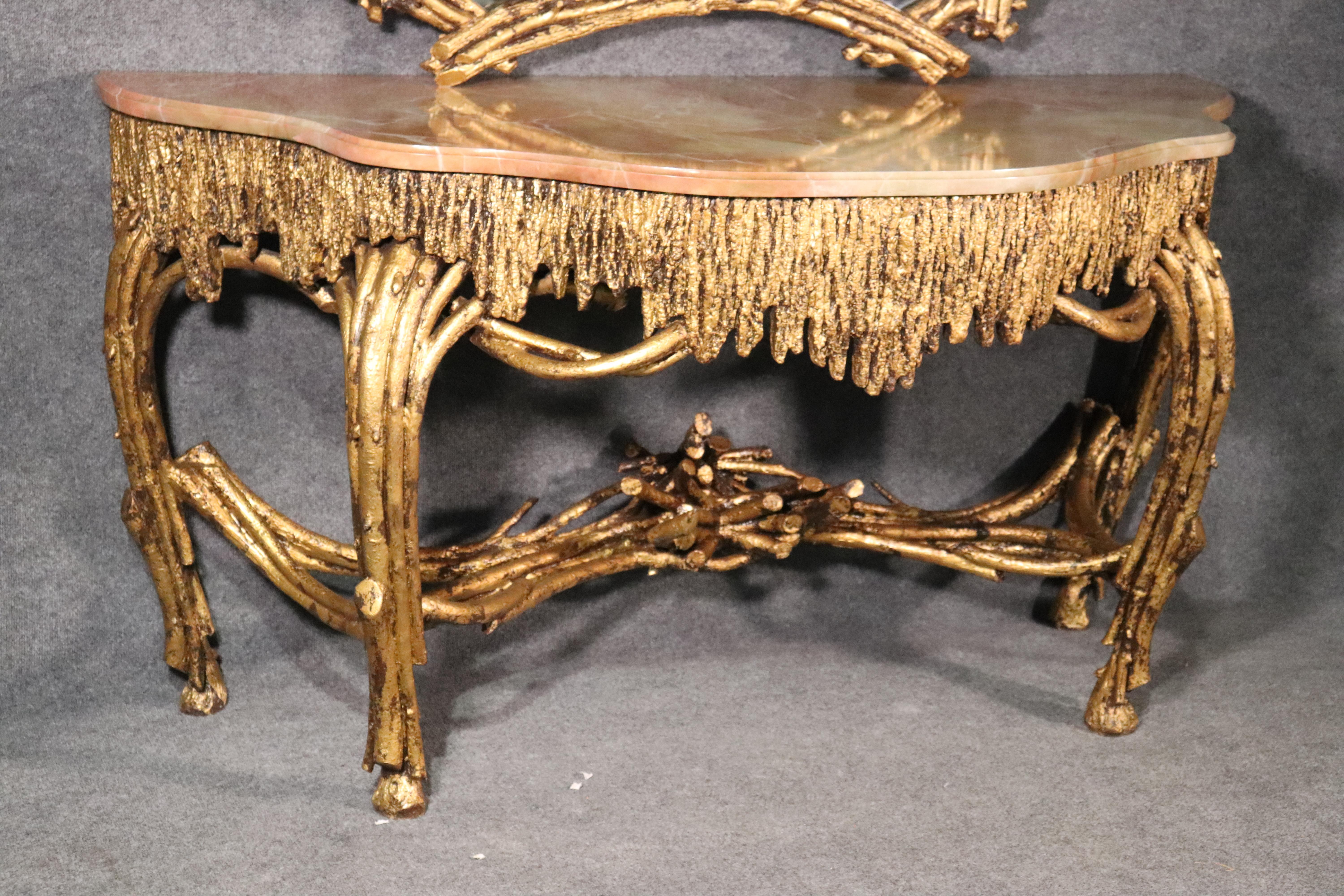 American Large Gilded French Louis XVI Style Faux Bois Console Table with Mirror For Sale