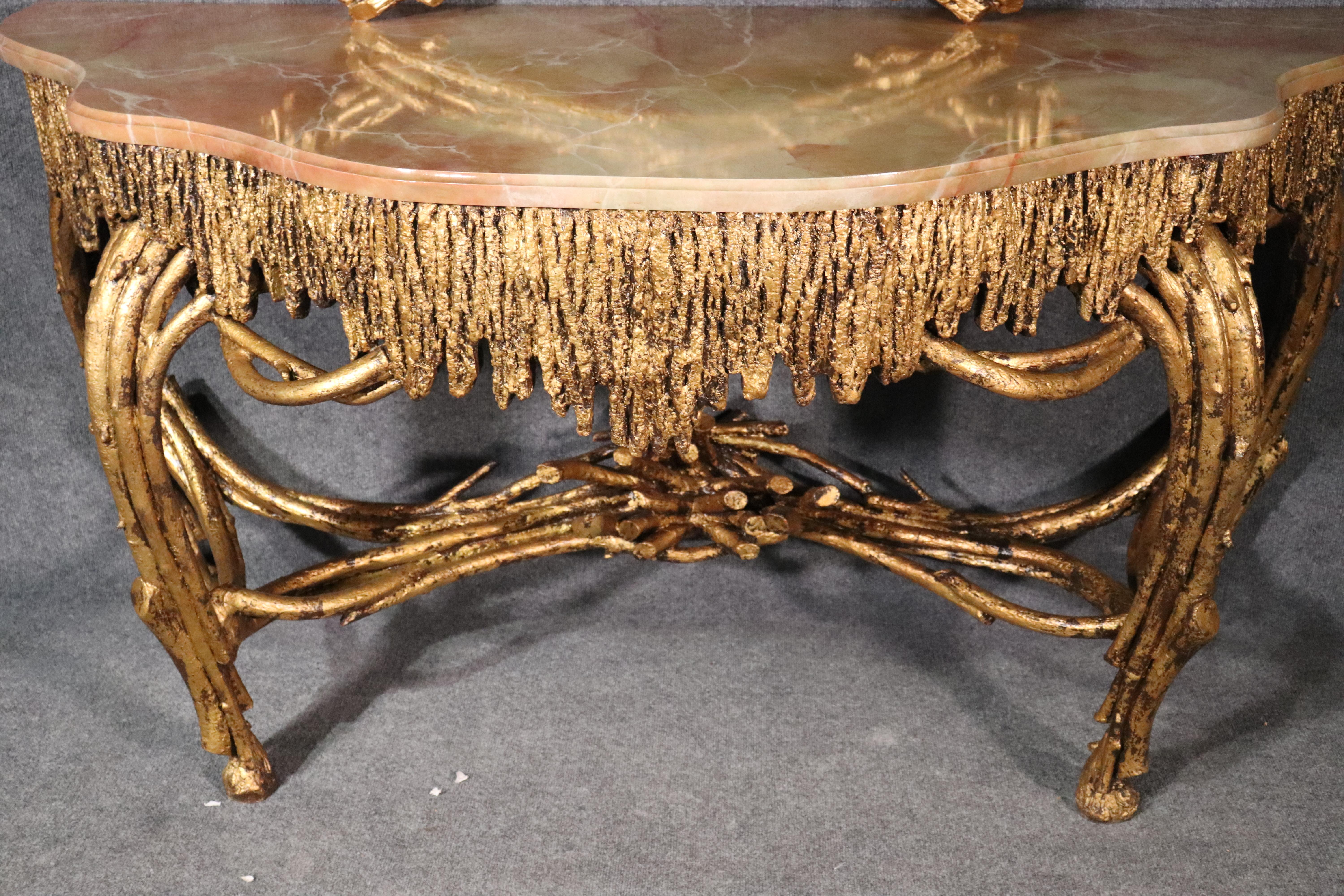 Large Gilded French Louis XVI Style Faux Bois Console Table with Mirror For Sale 2
