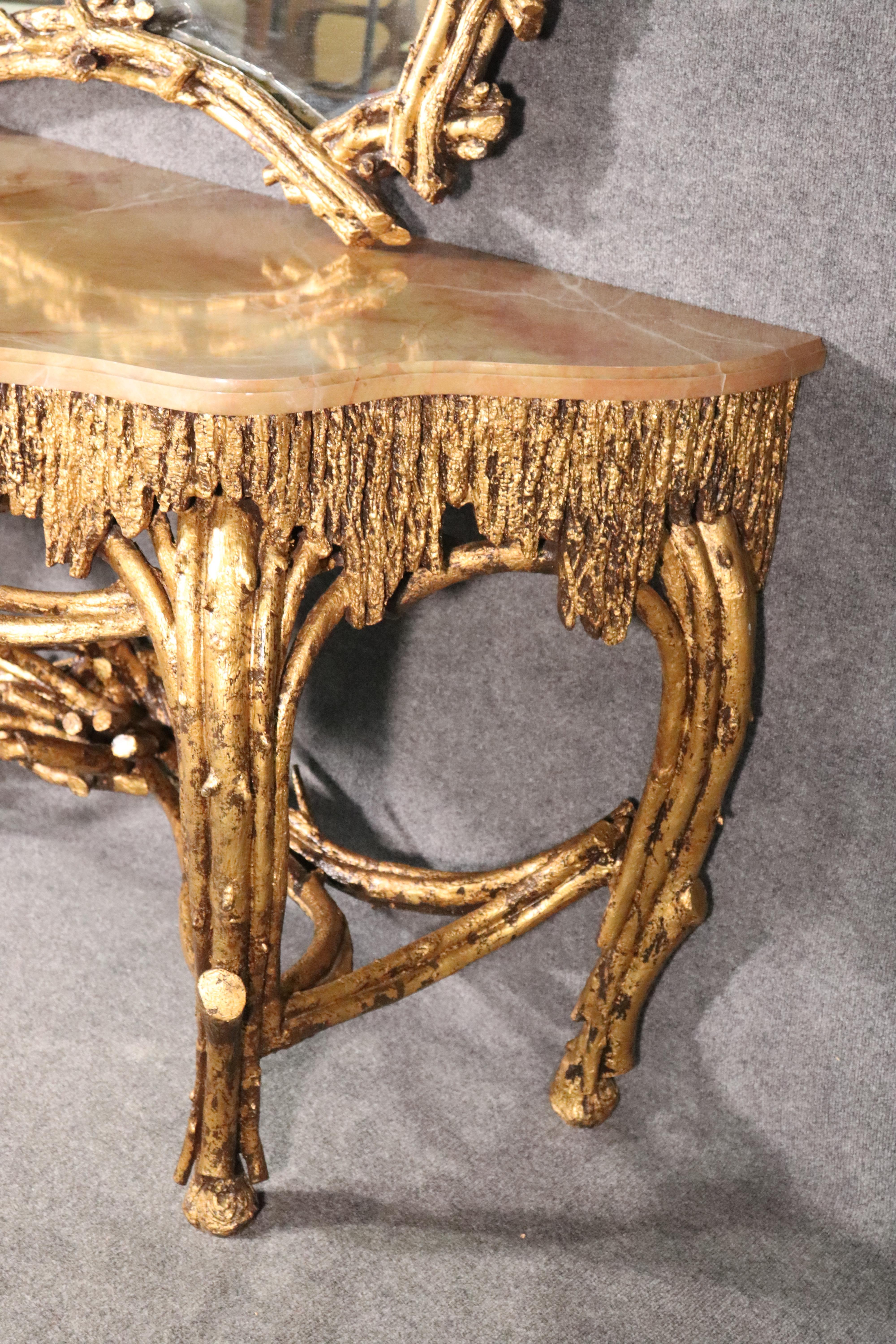 Large Gilded French Louis XVI Style Faux Bois Console Table with Mirror For Sale 3