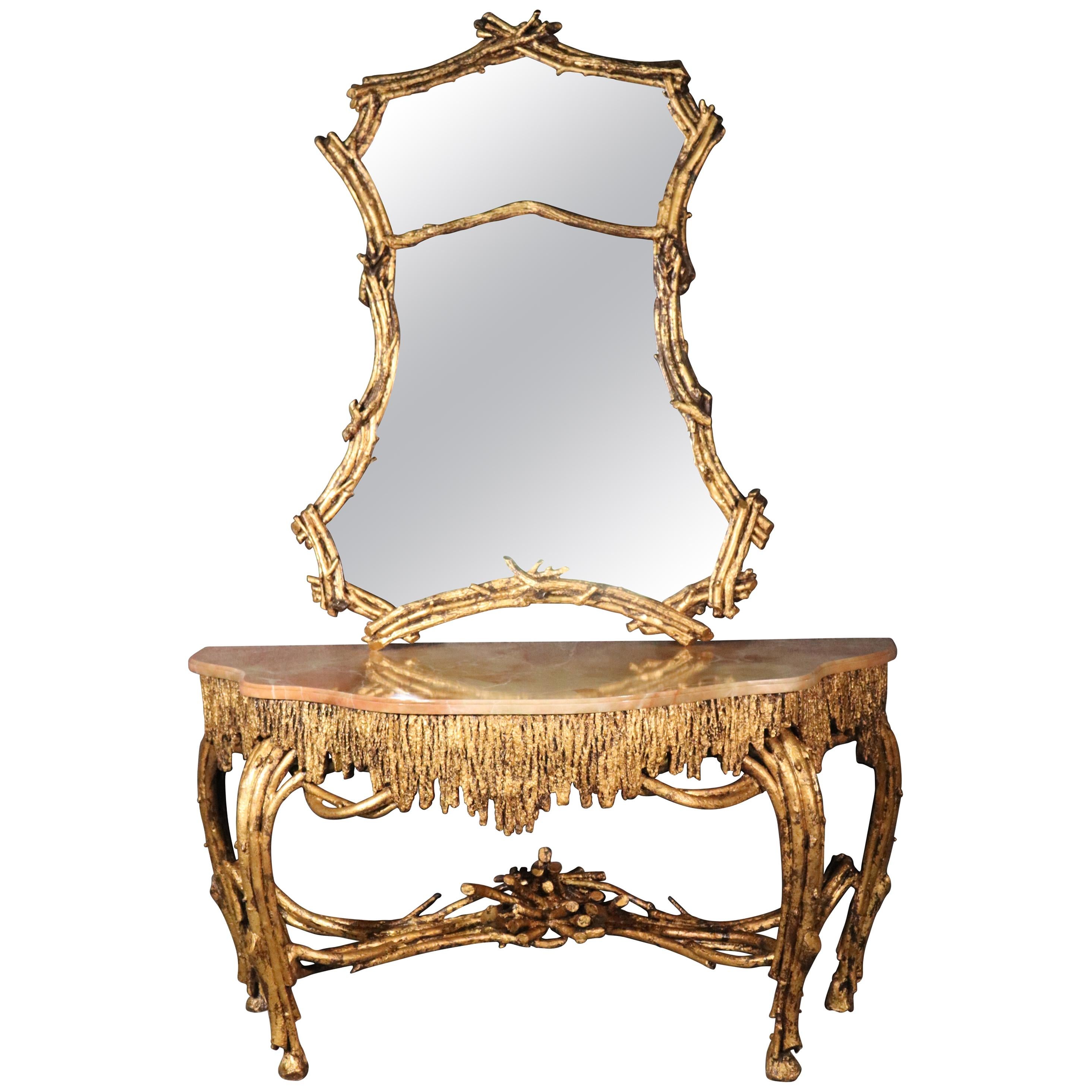 Large Gilded French Louis XVI Style Faux Bois Console Table with Mirror For Sale