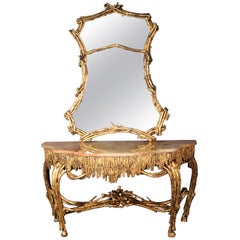 Grande table console française dorée de style Louis XVI en faux bois avec miroir