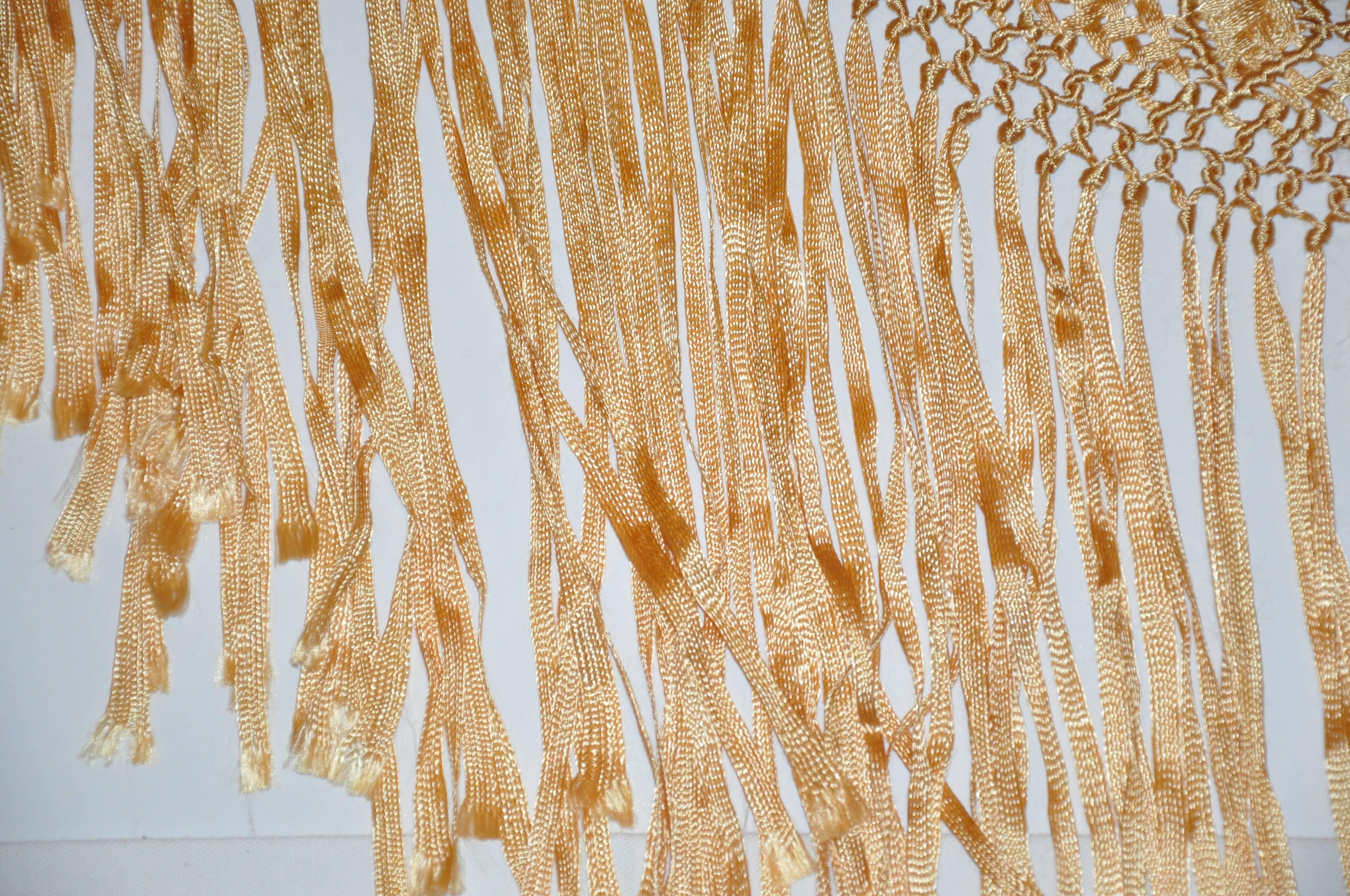 Large Gilded Gold Hand-Knotted Ribbon Macrame with Fringe Scarf In Good Condition For Sale In New York, NY