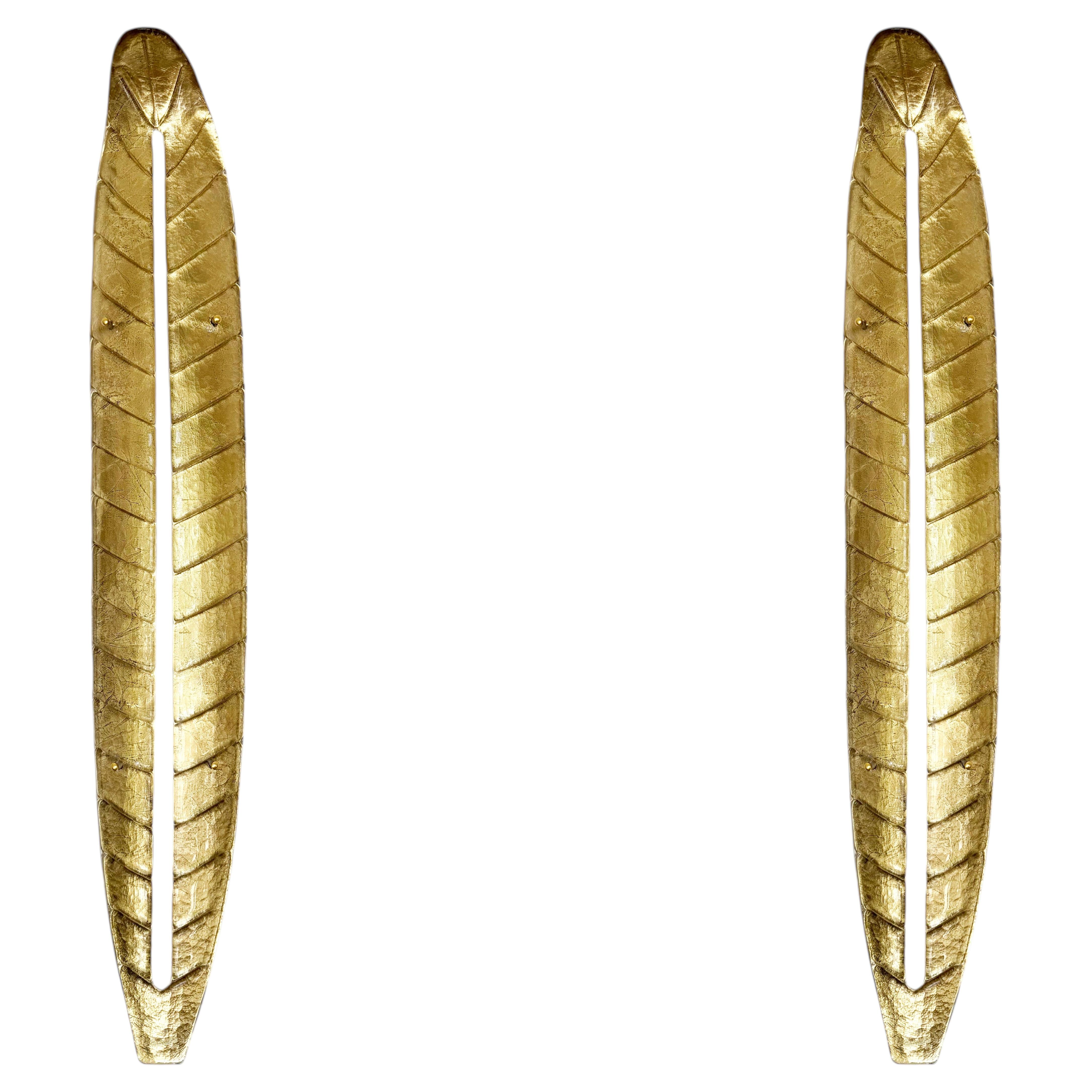 Large Gilded Leaf Form Murano Glass Wall Lights, Art Deco style, in Stock