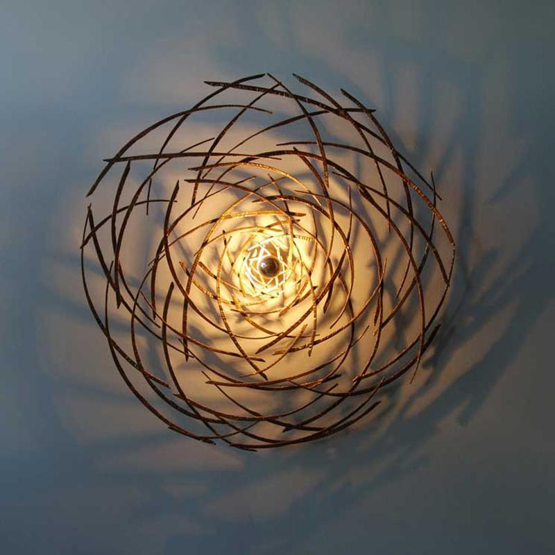 Organic Modern Large Gilded Metal Aerial and Round Wall Mounted Light For Sale