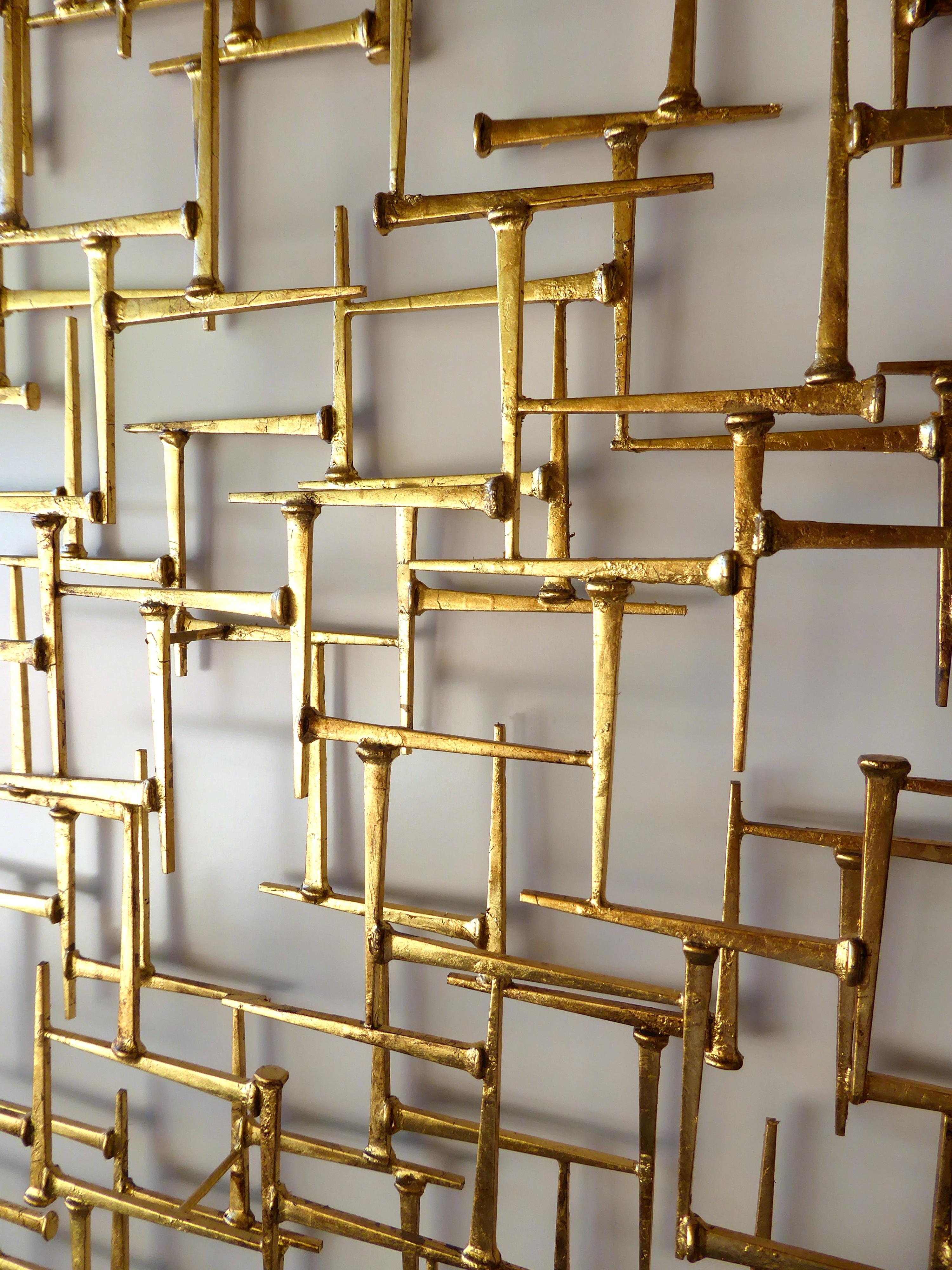 Large Gilded Metal Rectangular Wall Sculpture by American Artist Del Williams 1