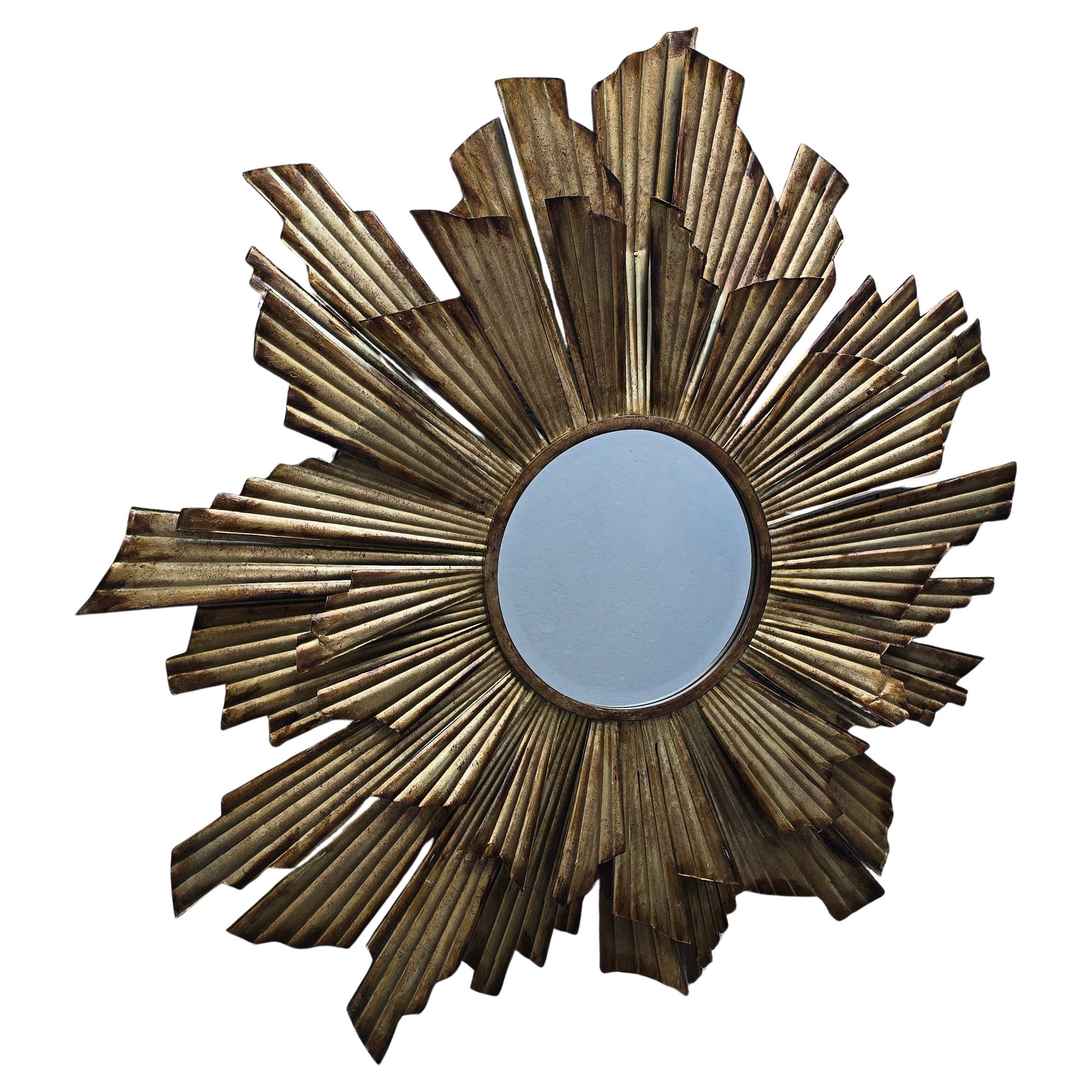 Hollywood Regency Large Gilded Metal Sunburst Mirror, Mid-Century Modern, circa 1960 For Sale