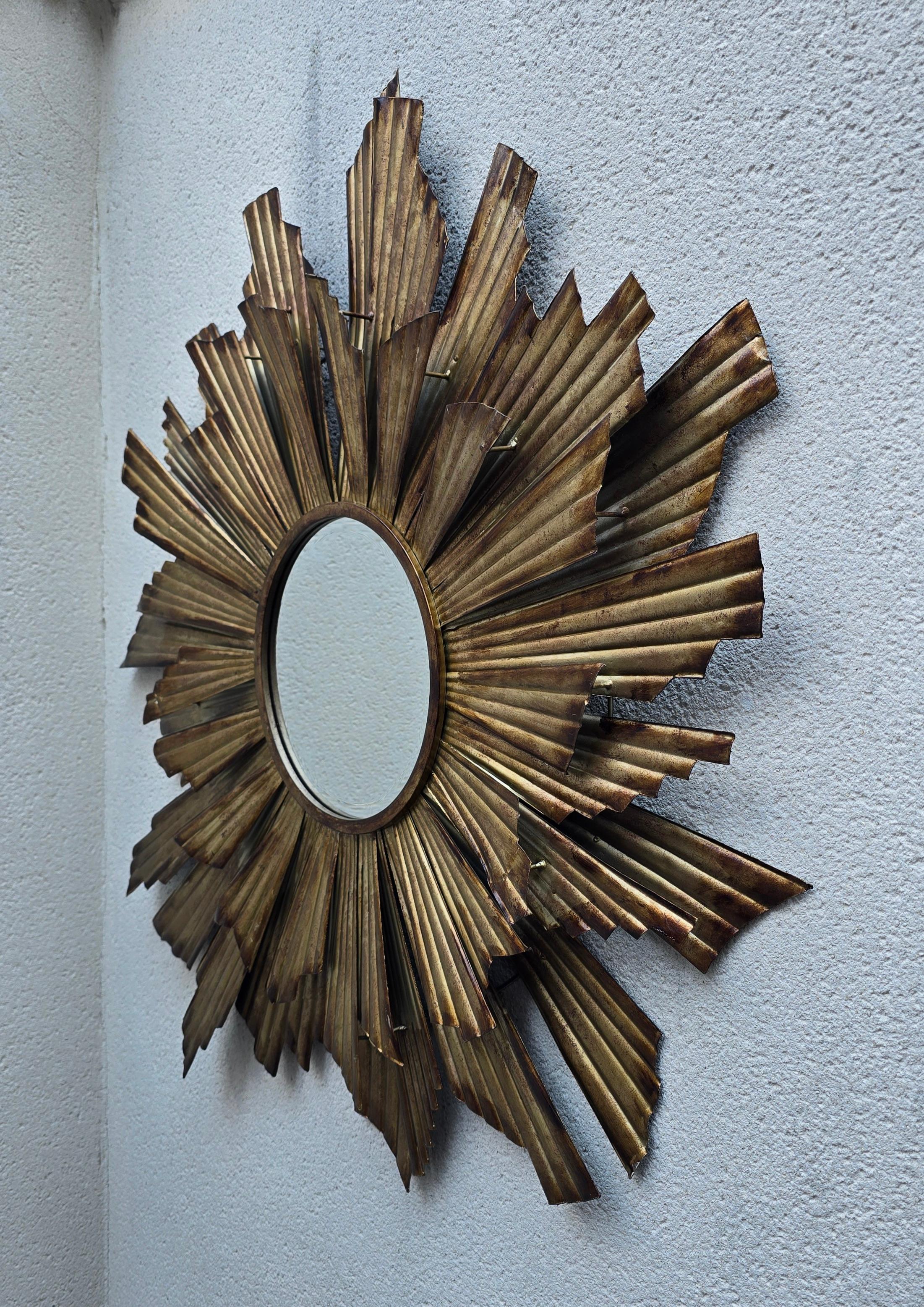French Large Gilded Metal Sunburst Mirror, Mid-Century Modern, circa 1960 For Sale