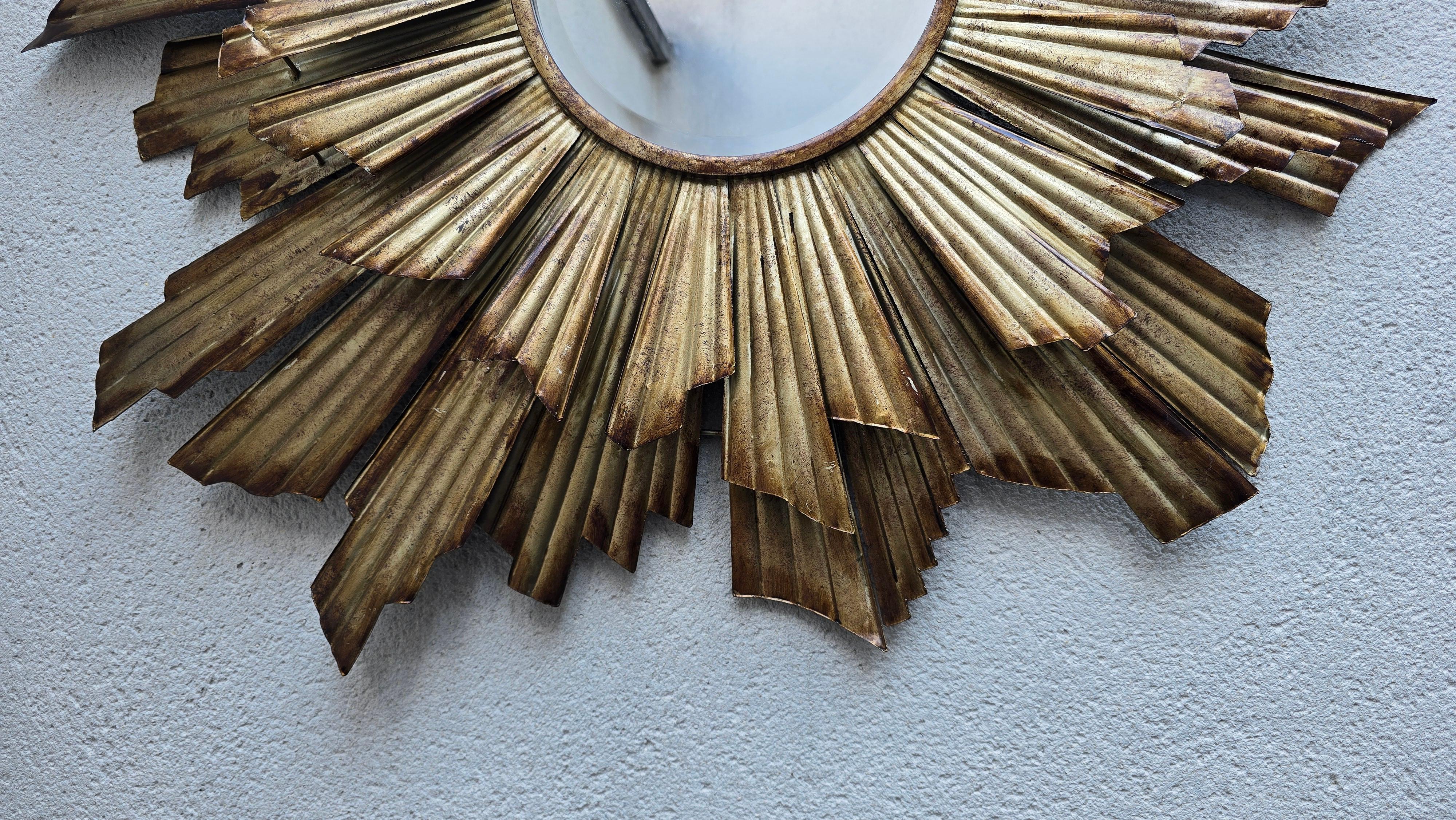 Large Gilded Metal Sunburst Mirror, Mid-Century Modern, circa 1960 For Sale 2