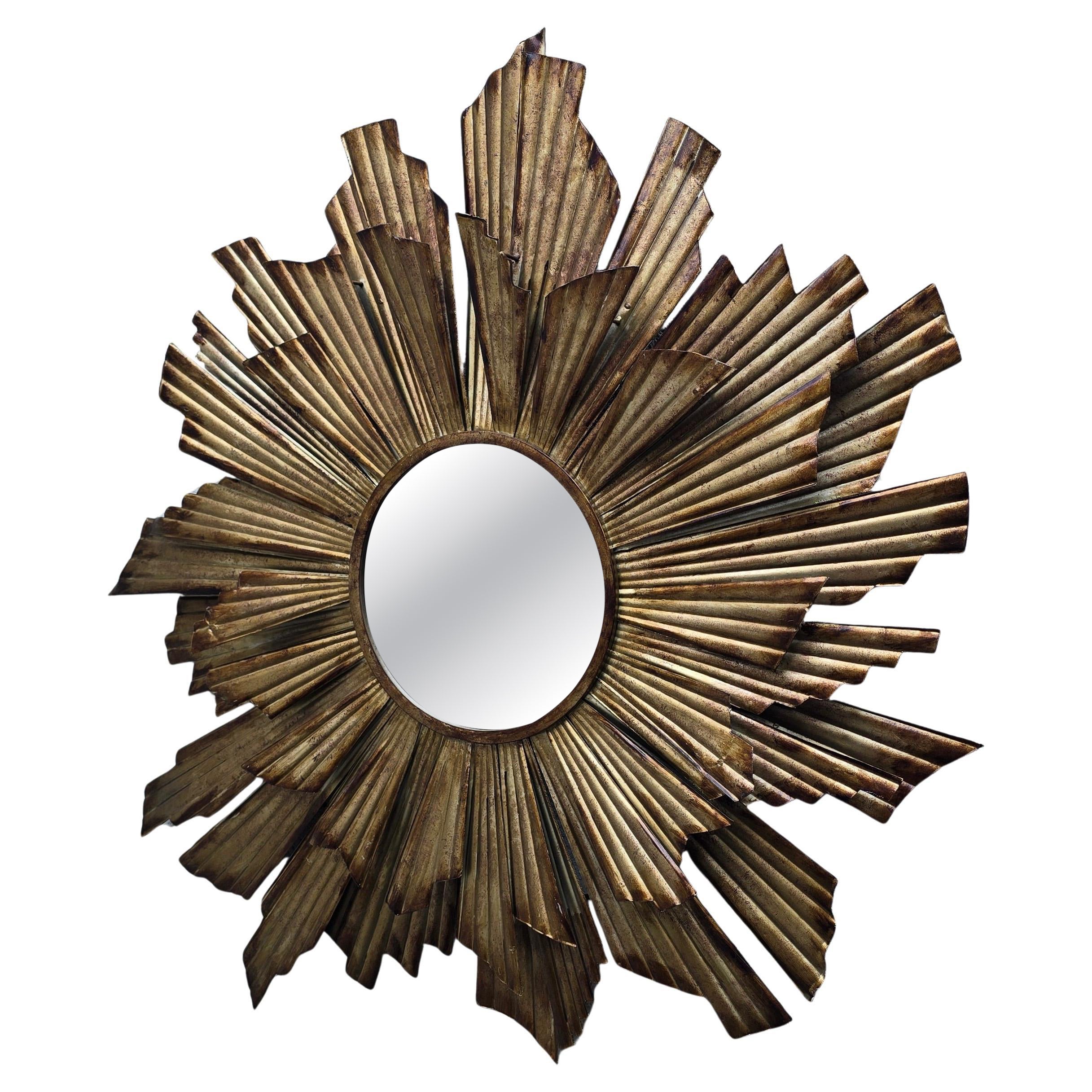 Large Gilded Metal Sunburst Mirror, Mid-Century Modern, circa 1960 For Sale