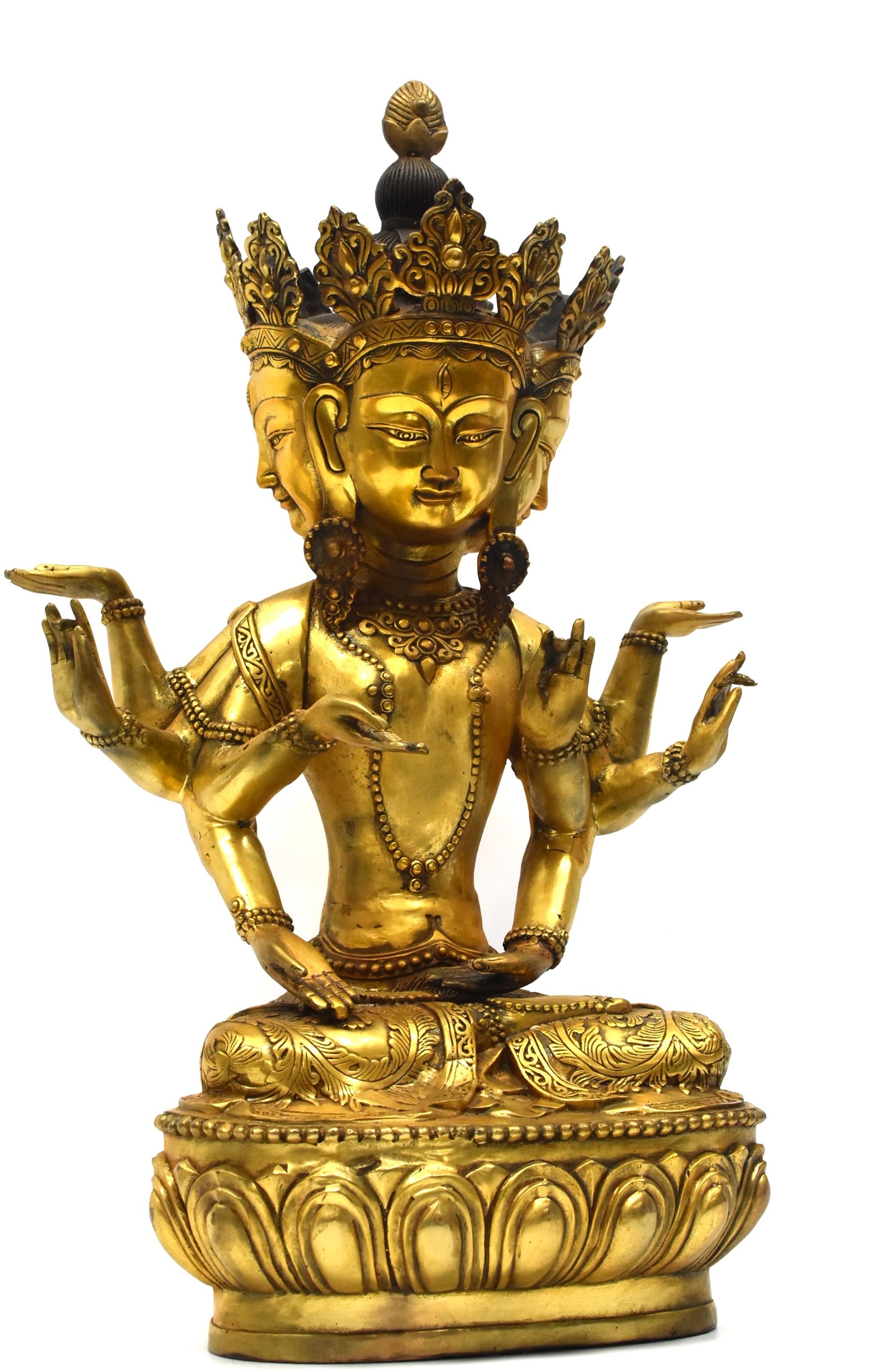 A spectacular piece featuring the Tibetan Bodhisattva Vasundhara, Goddess of wealth and abundance. Seated on double lotus, the multi-faced and multi-armed Buddha is powerful as she is able to assist in many areas at once. Superb craftsmanship