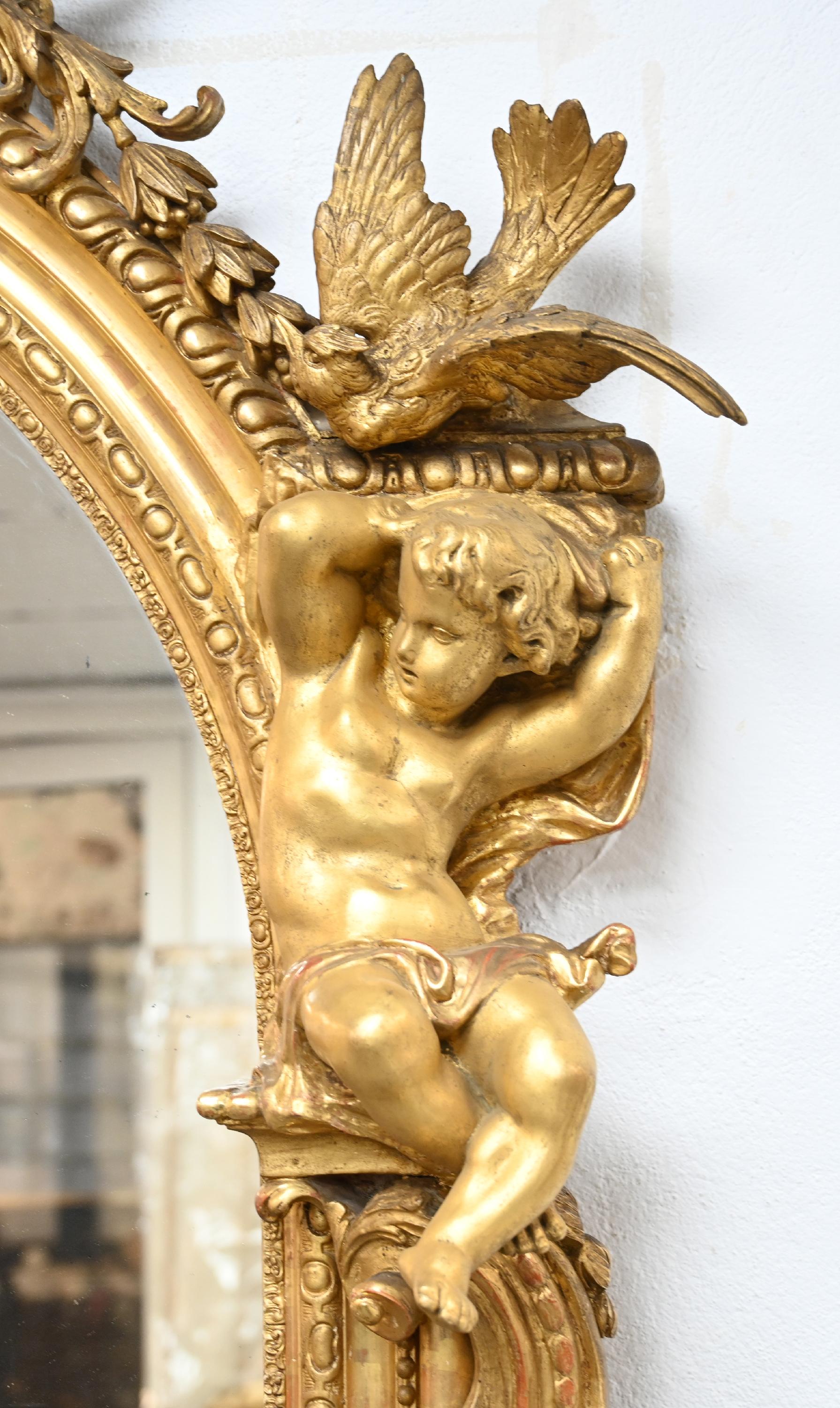 Großes vergoldetes Trumeau mit Vögeln, Putten und Frauengesicht auf durchbrochenem Dekor 1