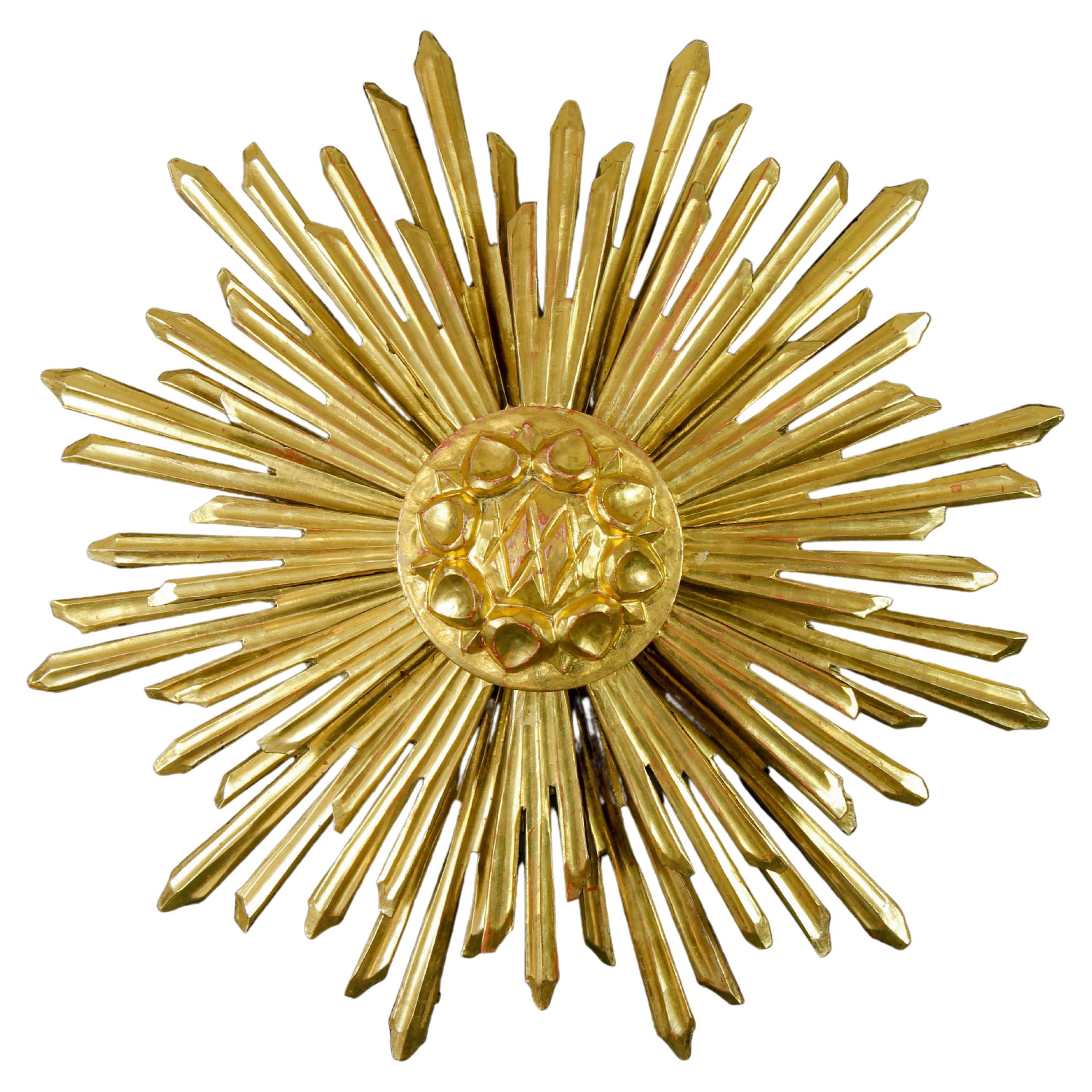 Large Gilded Wood Backlit Sunburst Wall Light, 1930s For Sale