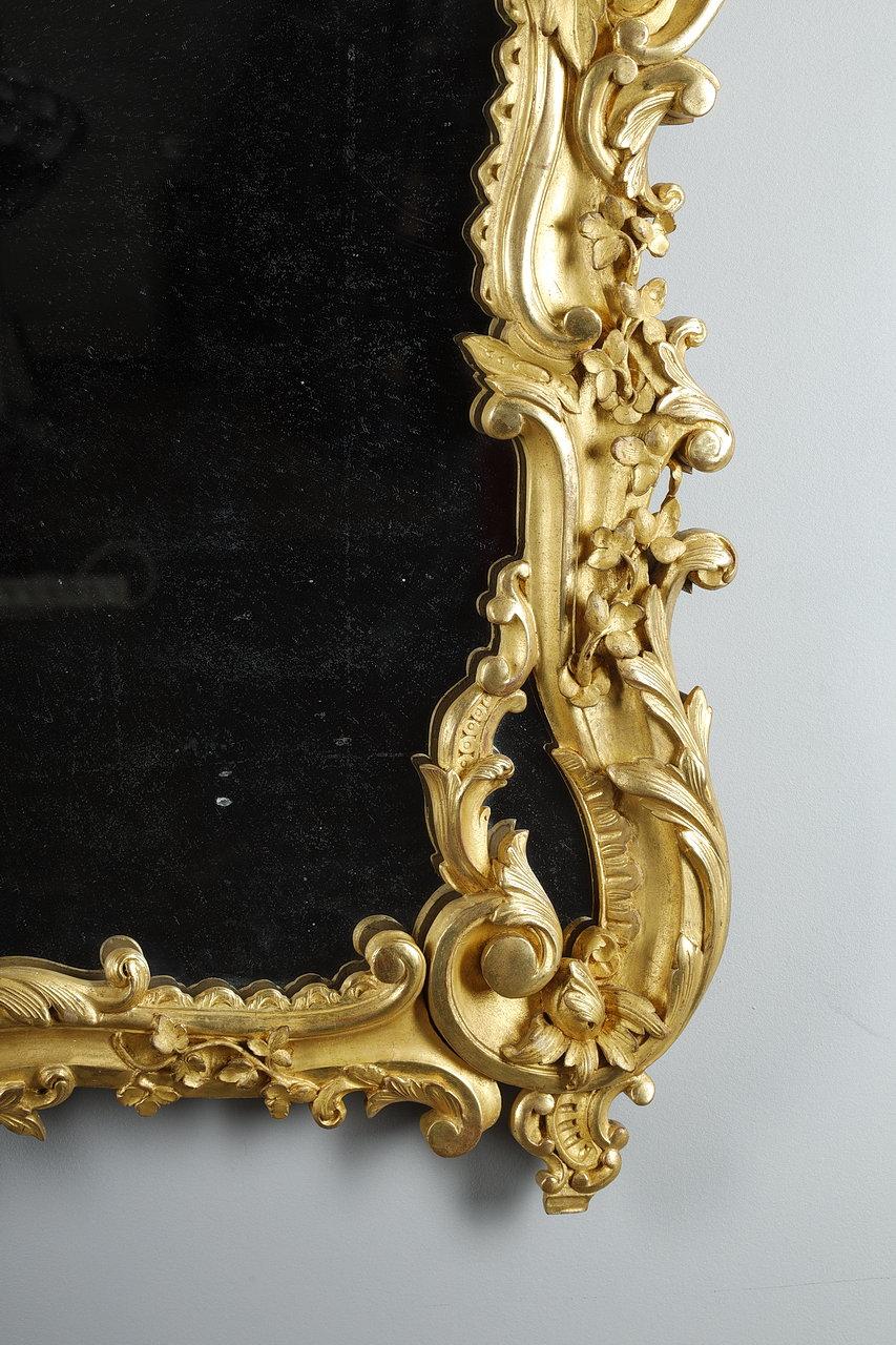 French Large Gilded Wood Mirror in the Louis XV Style For Sale