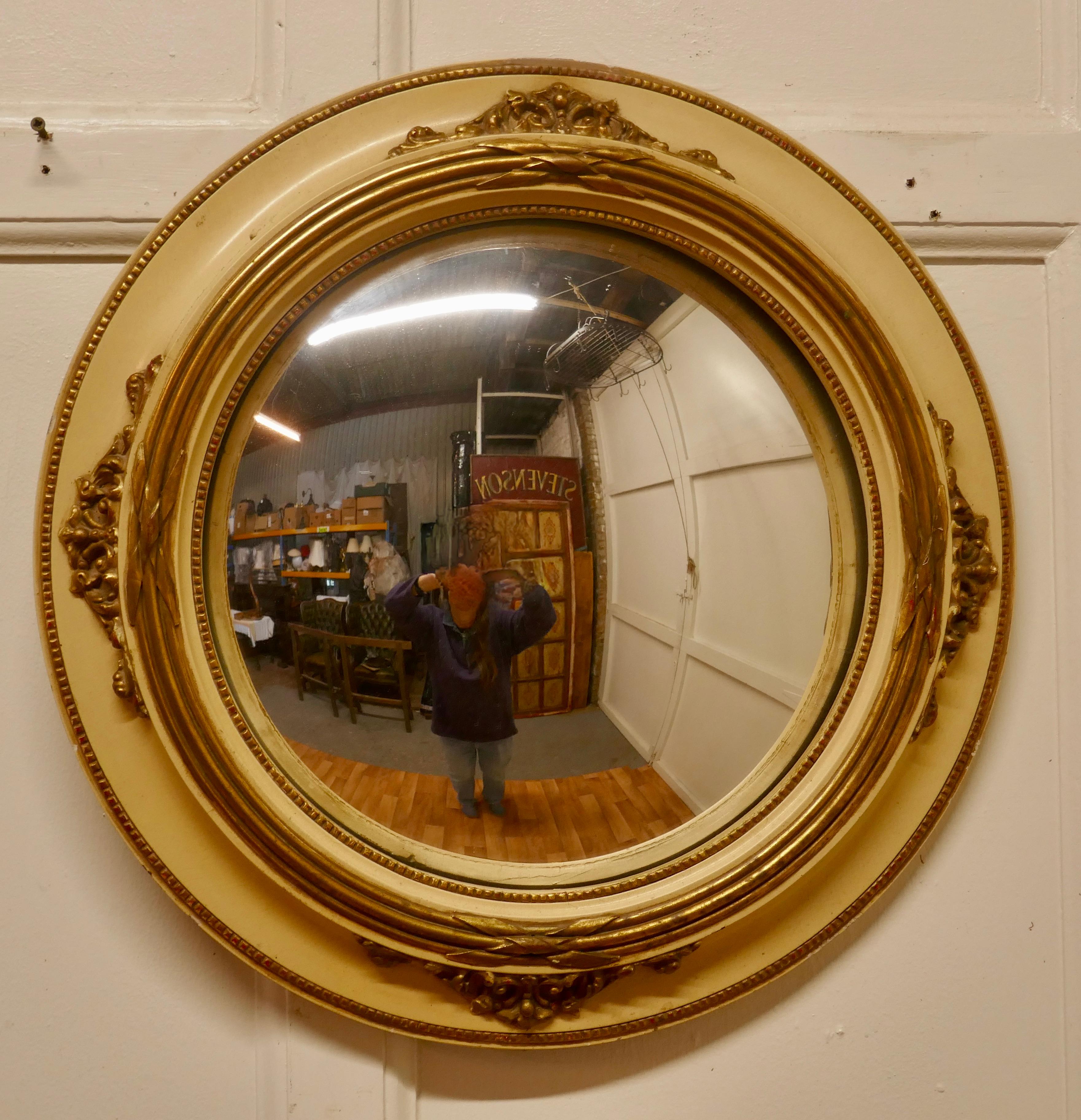 French Provincial Large Gilt and Cream French Convex Wall Mirror For Sale